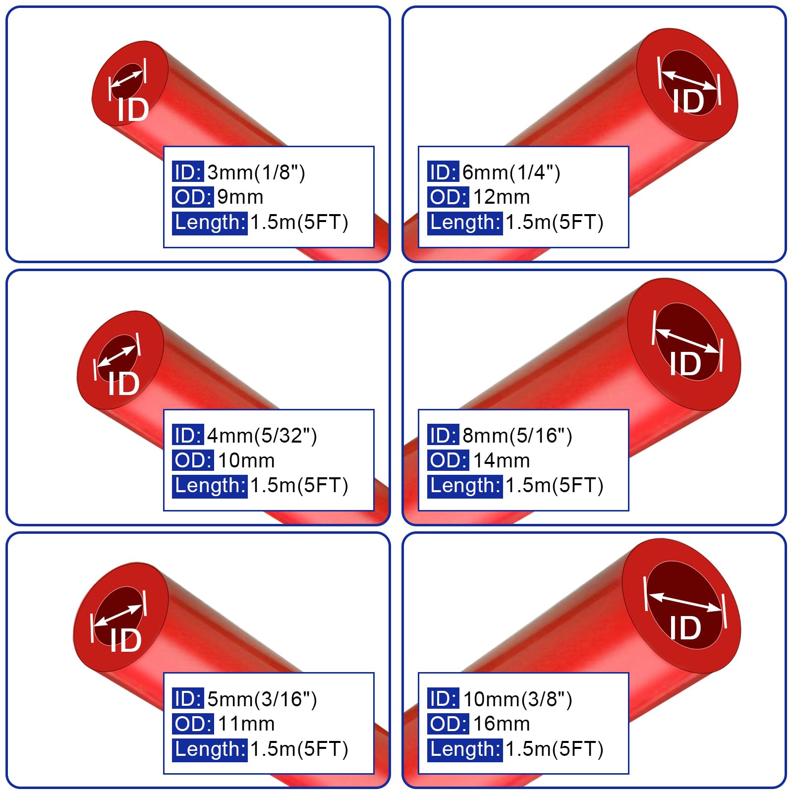 High Performance Automotive Silicone Vacuum Hose Kit - 6PCS 5FT (1/8