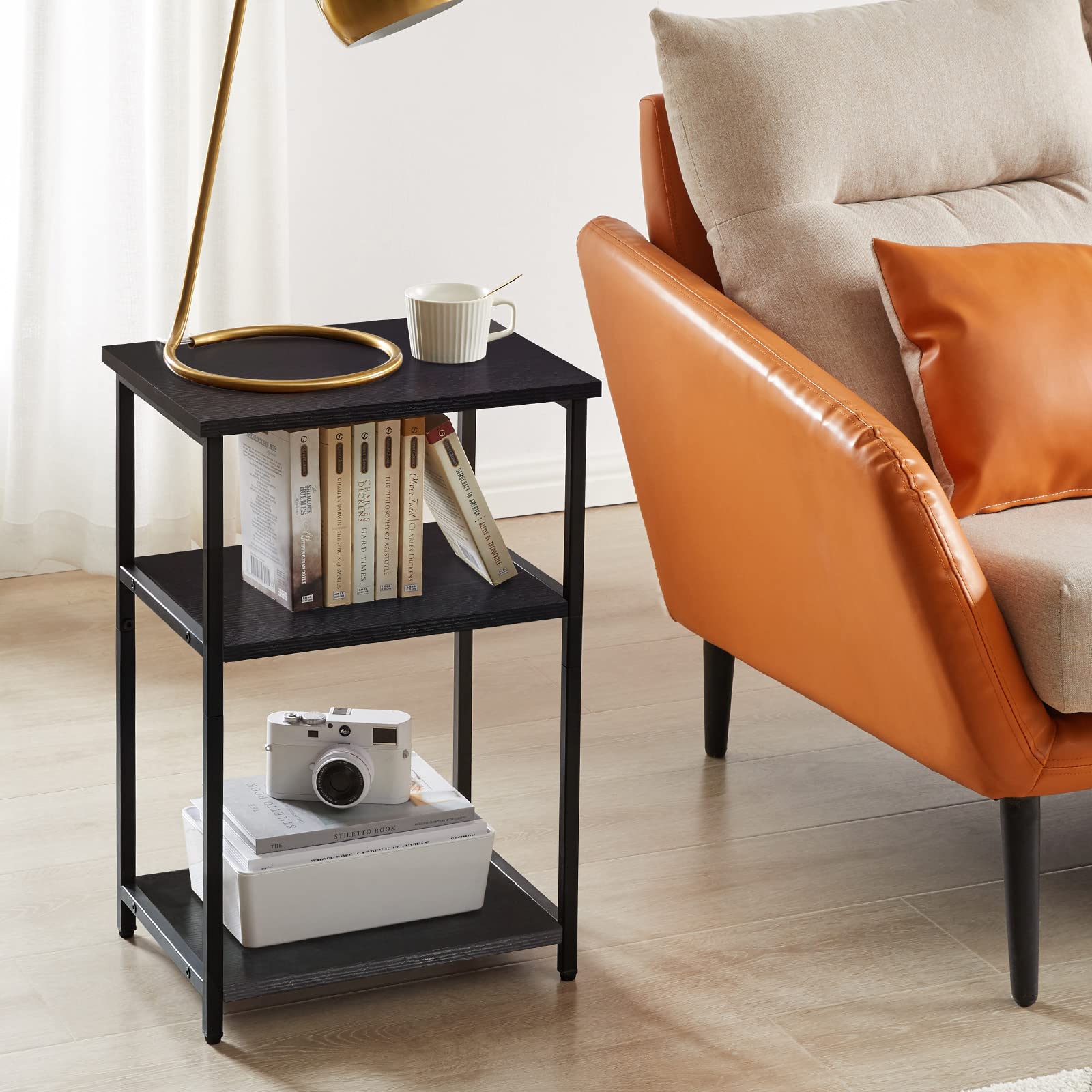IBUYKE 3-Tier Industrial Side Table with Storage Shelf - Small End Table Nightstand for Bedroom, Living Room, Hallway - Black (UTMJ402B) | Perfect for Compact Spaces, Coffee Table Alternative & Bedside Organizer