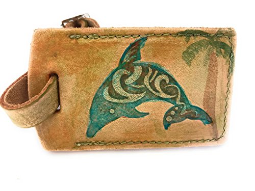 Boho Style Sea Life Dolphin Leather Luggage Tag with Name Plate - Personalized Travel Bag Tag Gift for Men & Women - Perfect for Ocean Lovers, Beach Vacations & Cruise Trips