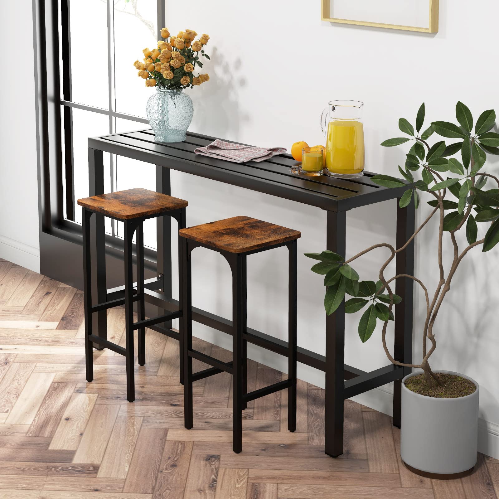 COSTWAY 55-inch Outdoor Bar Table - Narrow Counter Height Dining Table with Waterproof Top & Heavy-Duty Metal Frame - Rectangular Pub Table for Garden, Patio, Backyard, Poolside (Black) - Perfect for Outdoor Entertaining, BBQs, and Relaxing by the Pool