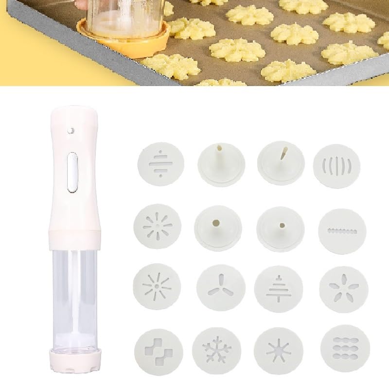 Electric Cookie Press Gun Kit with 12 Discs - Stainless Steel Cookie Maker for Baking, Cake & Dessert Decorating - Perfect for DIY Cookies, Cupcakes & Holiday Treats (White, 1 Set)