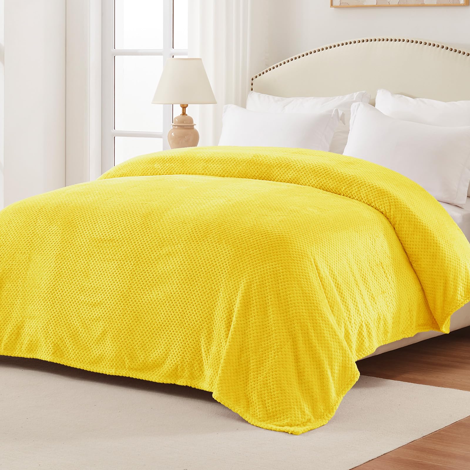 Premium Fleece Blend Queen Size Bed Blanket - Ultra Soft & Warm Waffle Textured Throw for Couch, Sofa & Bed - Cozy, Lightweight & Fuzzy (90x90 Inches, Vibrant Yellow) - Perfect for Winter Nights, Movie Time & Home Decor