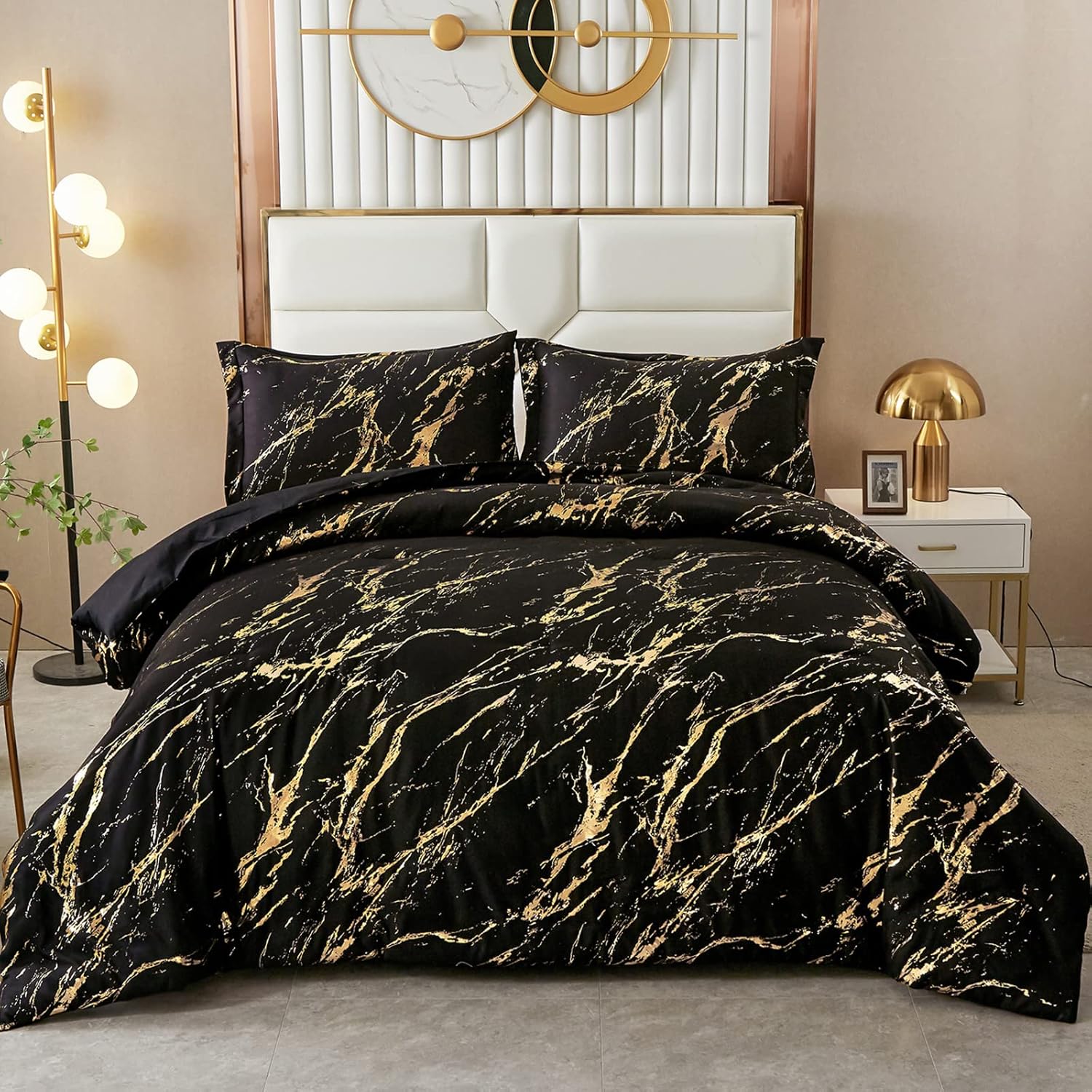Black Gold Metallic Marble Comforter Set - Queen Size 3-Piece Bedding with Foil Print Glitter | Luxury Bedroom Decor for Modern Homes & Guest Rooms