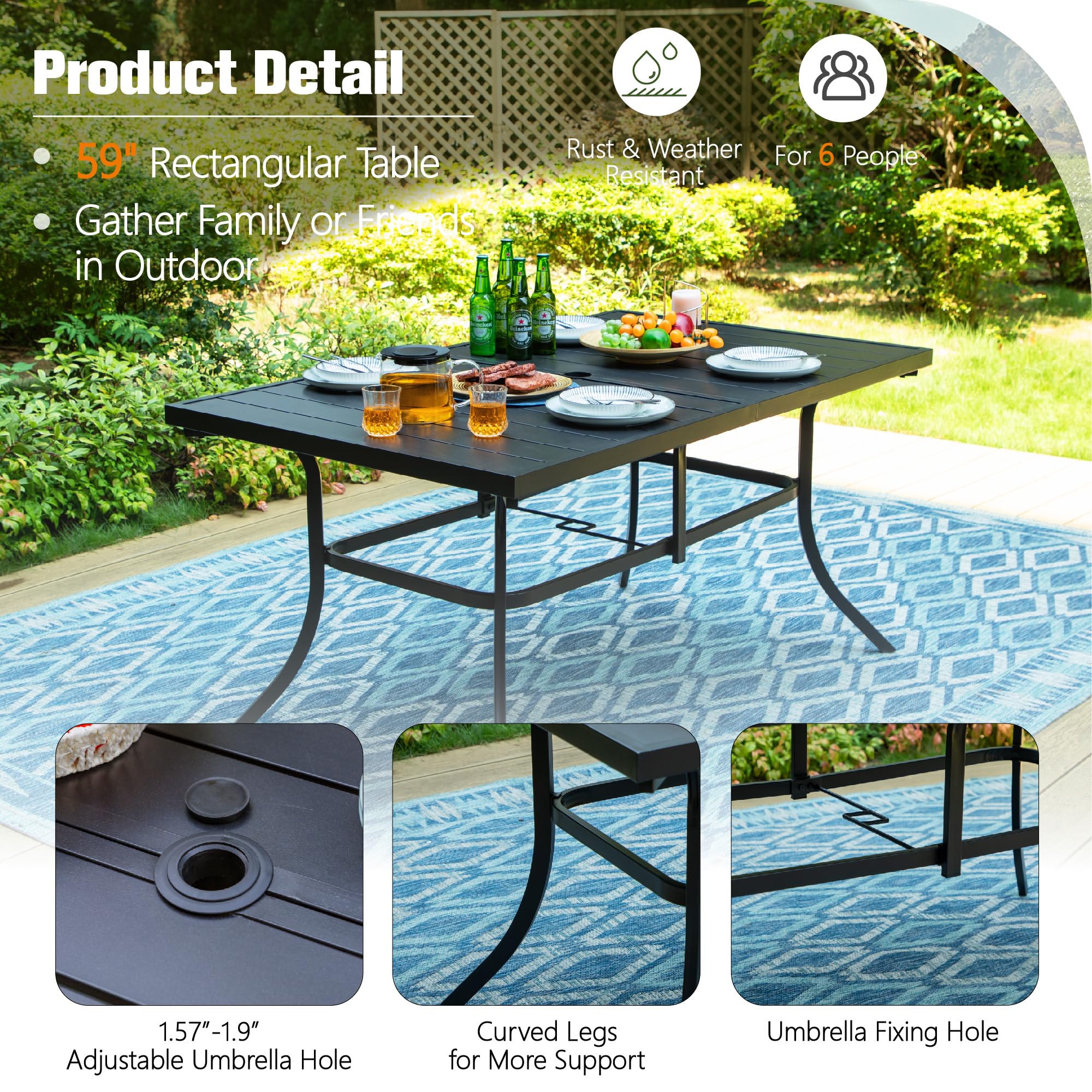 Sophia & William 7-Piece Outdoor Dining Set with 13ft Beige Umbrella - Folding Metal Patio Table & 6 Sling Chairs for Backyard, Garden, Poolside or Deck - Black Rectangular Furniture Set
