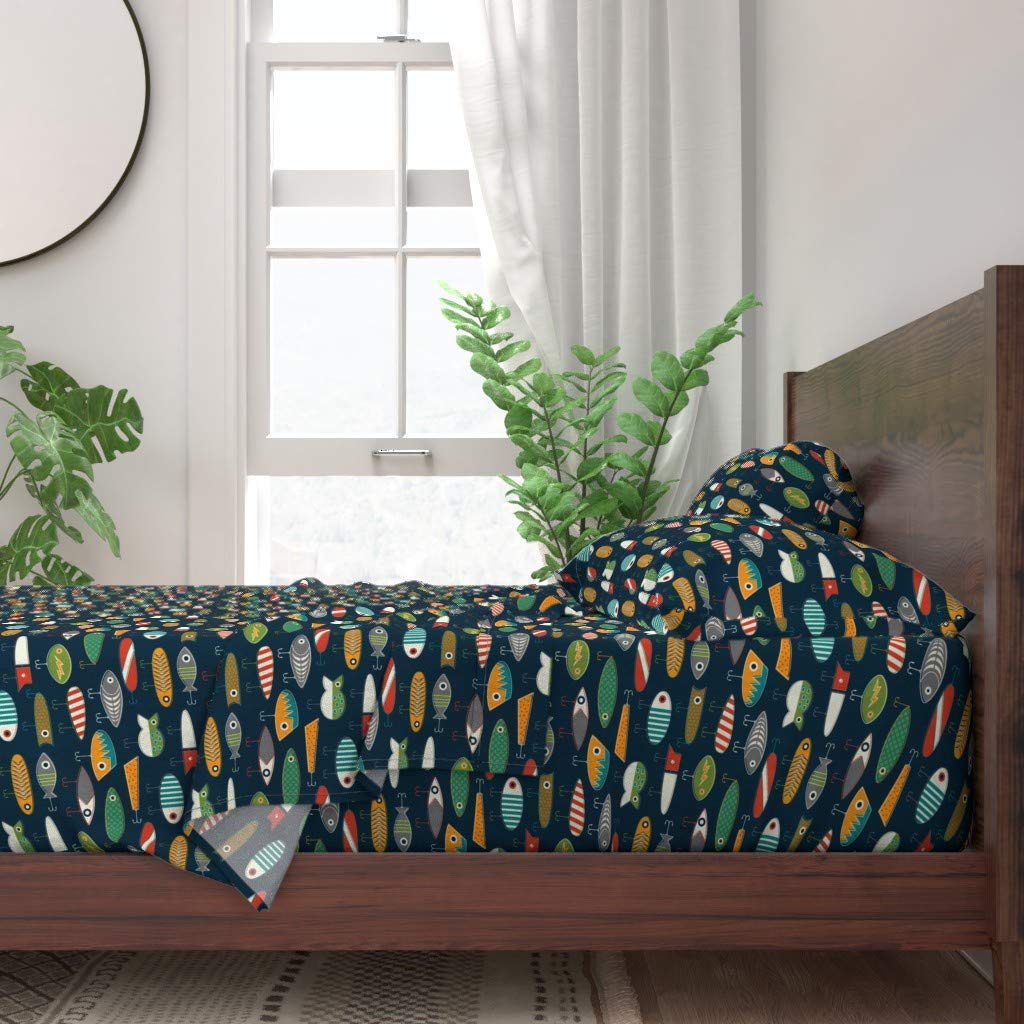 Premium 100% Cotton Twin Sheet Set - 3pc Vintage Fishing Lures Print Bedding | Navy Blue Fish Hook Design | Soft & Breathable for Summer, Nursery, Kids Room & Coastal Decor