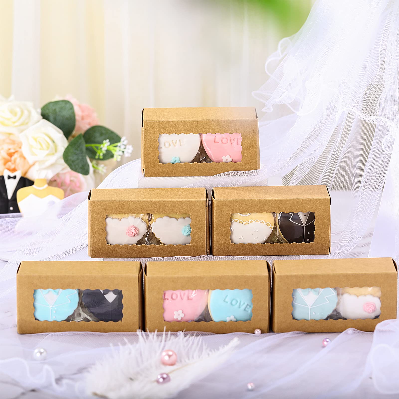 100 Pcs Kraft Paper Macaron Boxes with Clear Window - 4.17 x 2.17 x 1.38 Inch Small Bakery Packaging for Desserts, Candy, Cake | Perfect for Macarons, Pastries, Cookies & Gift Packaging