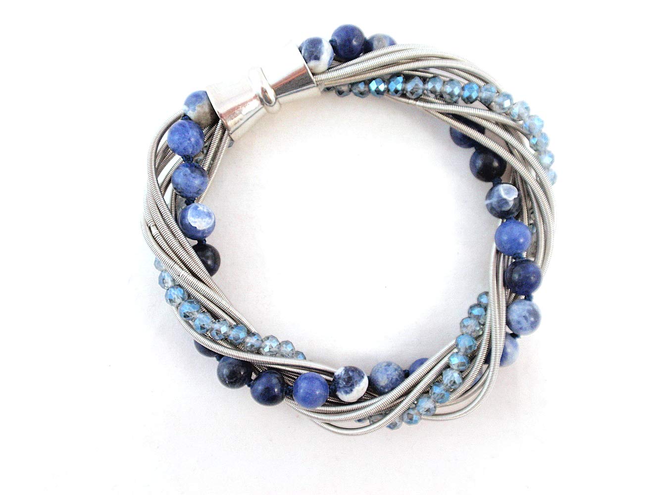 Premium Stainless Steel Piano Wire Bracelet with Genuine Sodalite Beads - Elegant Adjustable Jewelry for Women, Gift for Musicians, Yoga & Meditation Accessory