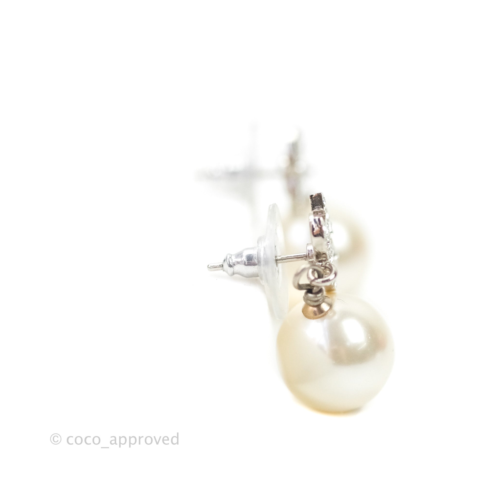 Chanel CC Rhinestone Pearl Drop Earrings for Women - Silver Tone Fashion Jewelry for Party, Wedding & Evening Wear
