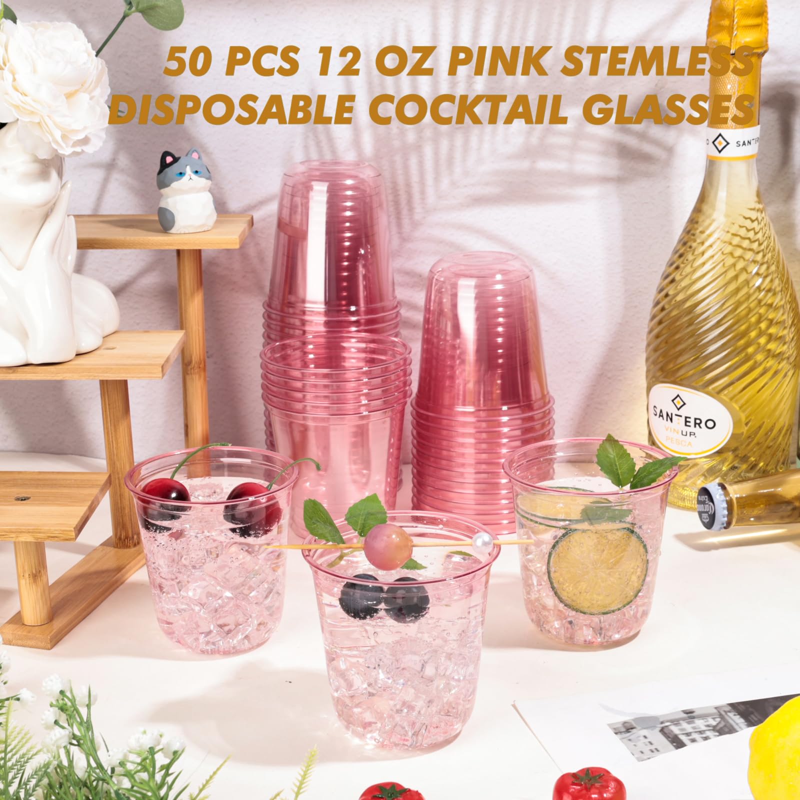 KesaPlan 50-Pack 12oz Pink Plastic Wine Cups | Disposable Stemless Cocktail Glasses for Parties, Weddings & Events | Clear Plastic Drinkware for Christmas Celebrations, Office Meetings & Social Gatherings