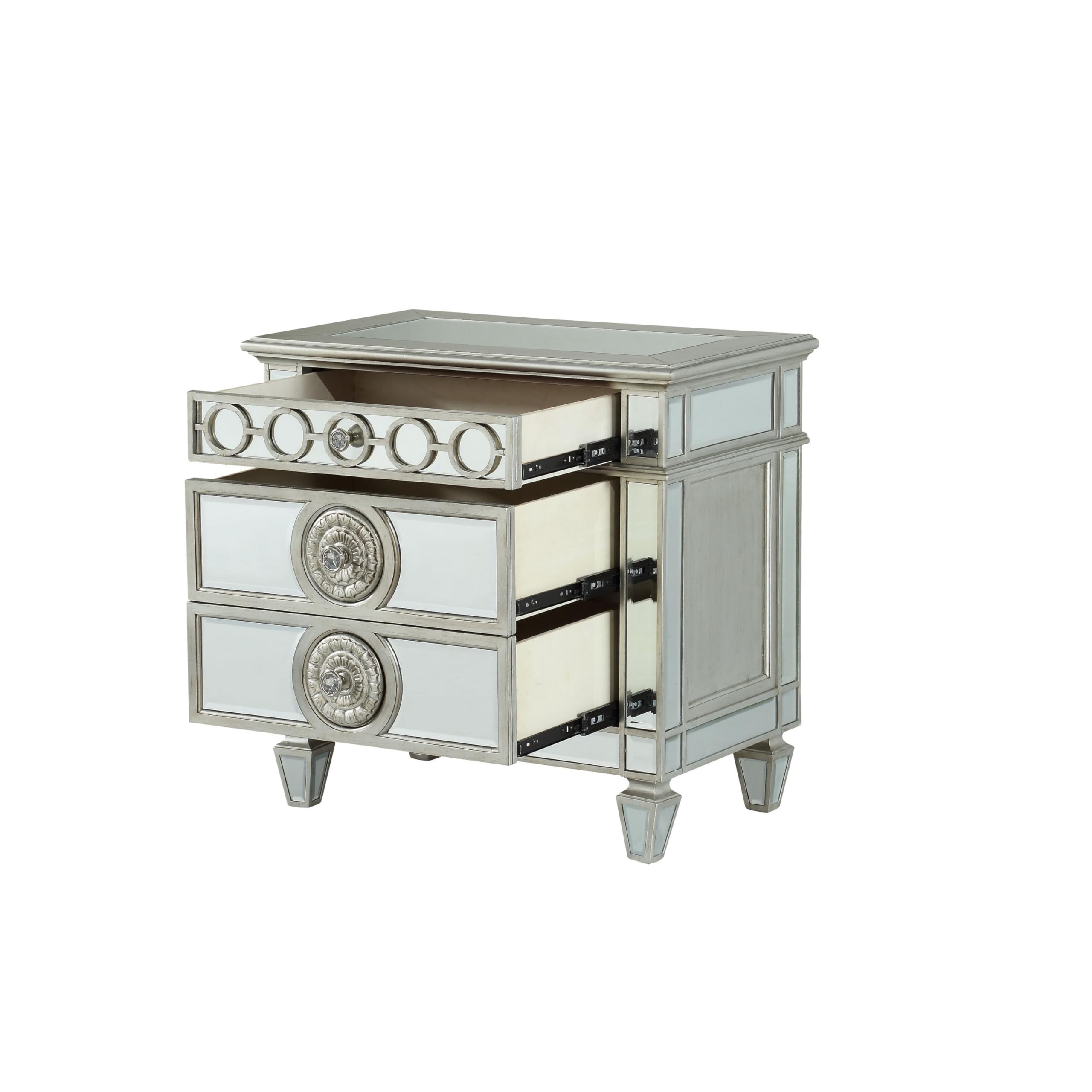 Benjara Silver Accent Wooden Nightstand with 3 Storage Drawers - Modern Bedroom Furniture for Master Bedroom, Guest Room or Apartment