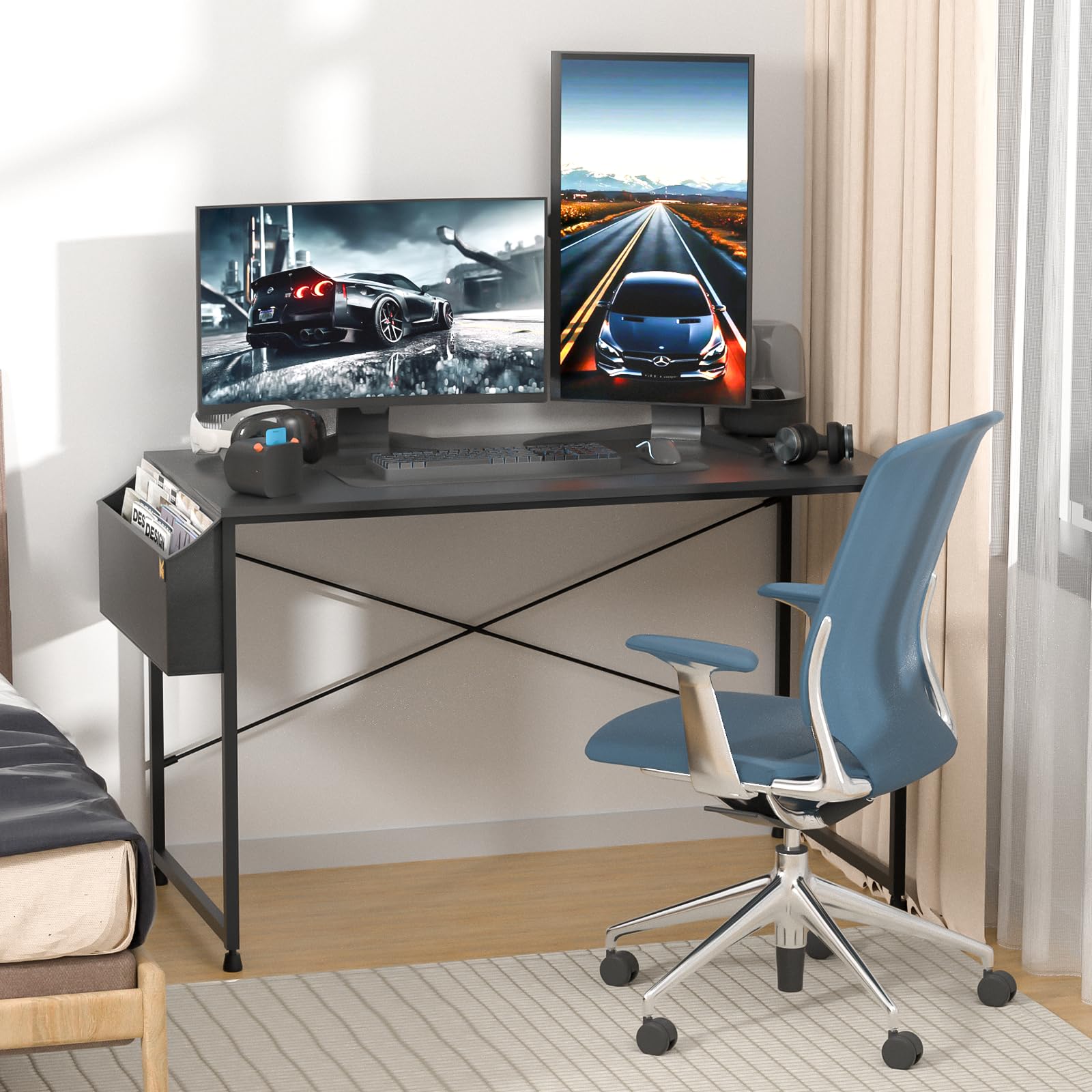 MoNiBloom 47 Inch Computer Desk - Simple Style Home Office Desk with Storage Bag, Gaming & Writing Workstation for Small Spaces - Black | Perfect for Home Office, Study Room & Gaming Setup
