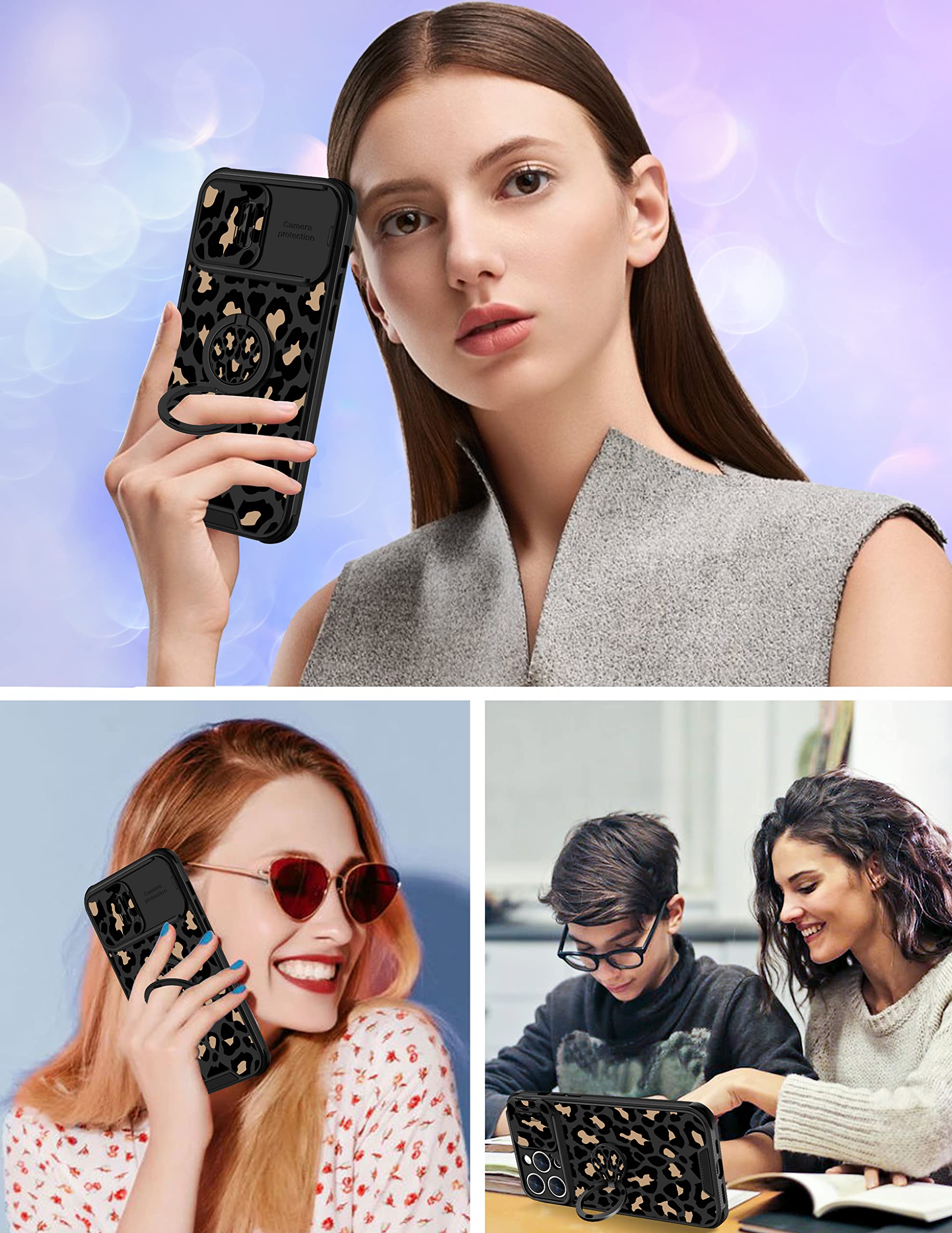 Goocrux 2in1 iPhone 14 Pro Max Case for Women - Leopard Print Phone Cover with Slide Camera Cover & Ring Holder | Cute Cheetah Animal Design Girly Case for iPhone 14 ProMax 6.7