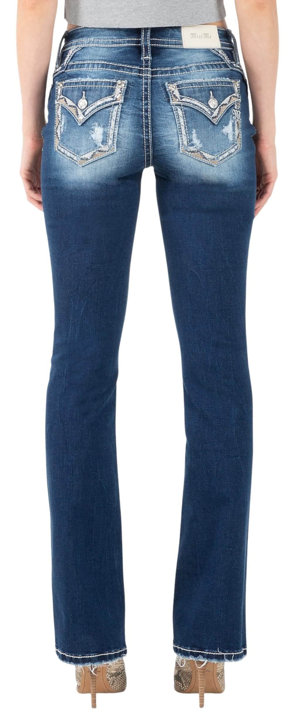 Miss Me Women's Mid-Rise Blue and Gold Bliss Embellished Boot Cut Jeans with Faux Flap Pockets - Stylish Denim Pants for Casual Wear, Night Out & Everyday Fashion