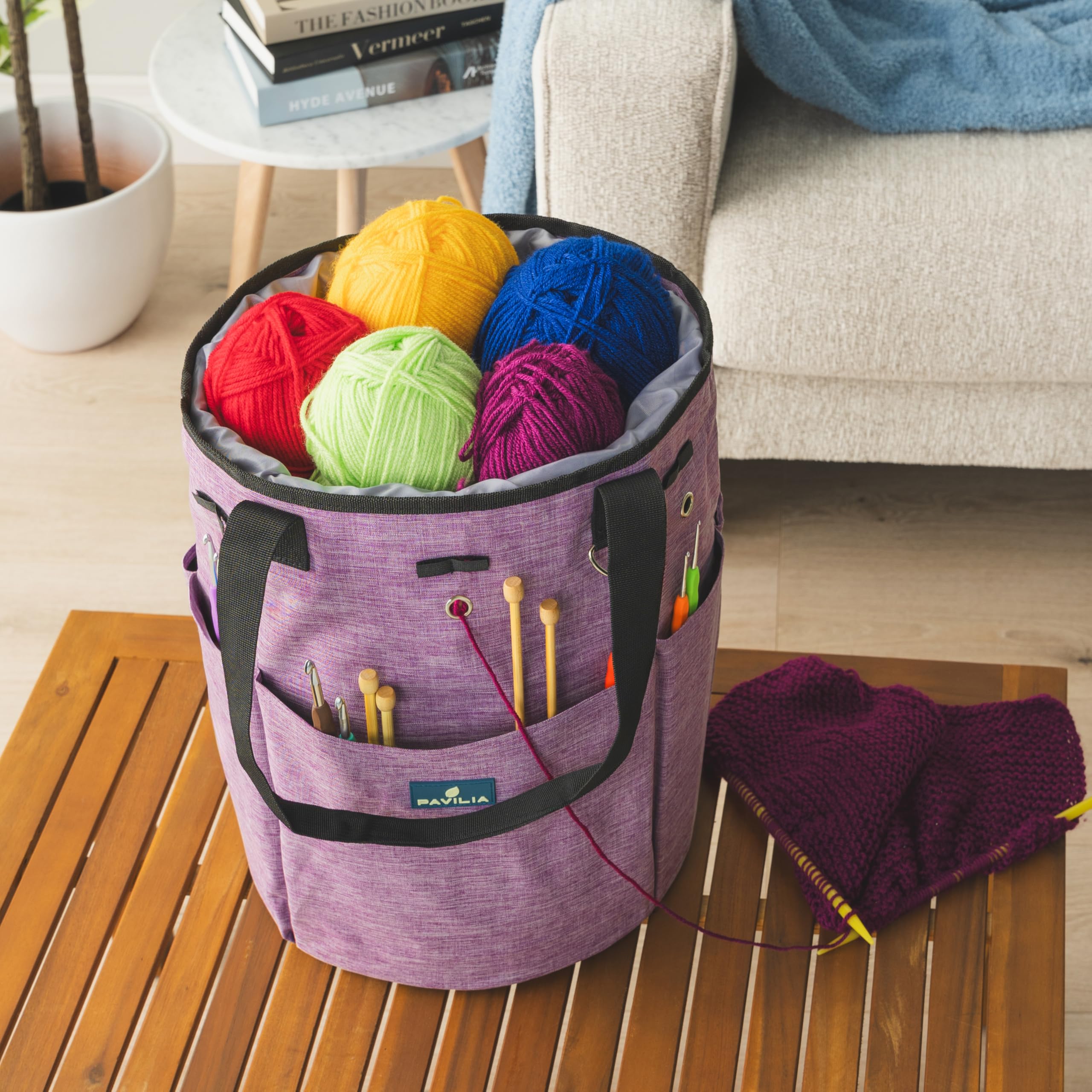 PAVILIA Crochet Yarn Bag Organizer with Grommets - Perfect Gift for Knitters & Portable Craft Storage (Heather Purple) for Travel & Home Use