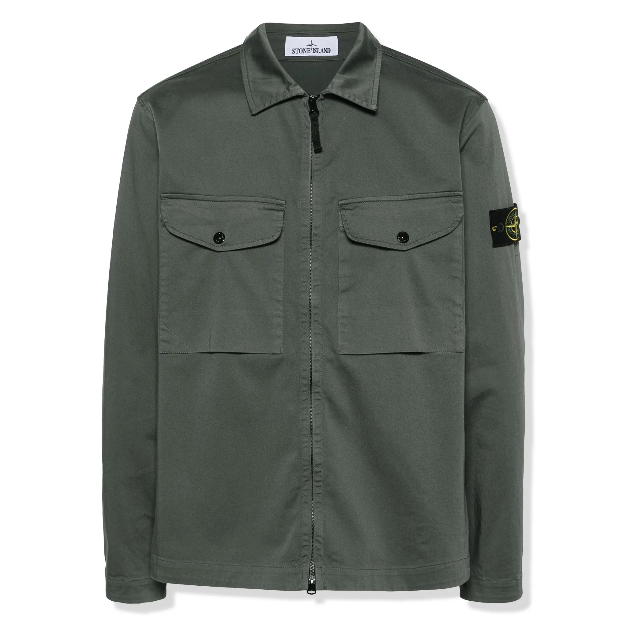 Stone Island Stretch Cotton Satin Dark Green Overshirt Jacket - Men's Lightweight Shacket for Casual Wear & Outdoor Activities