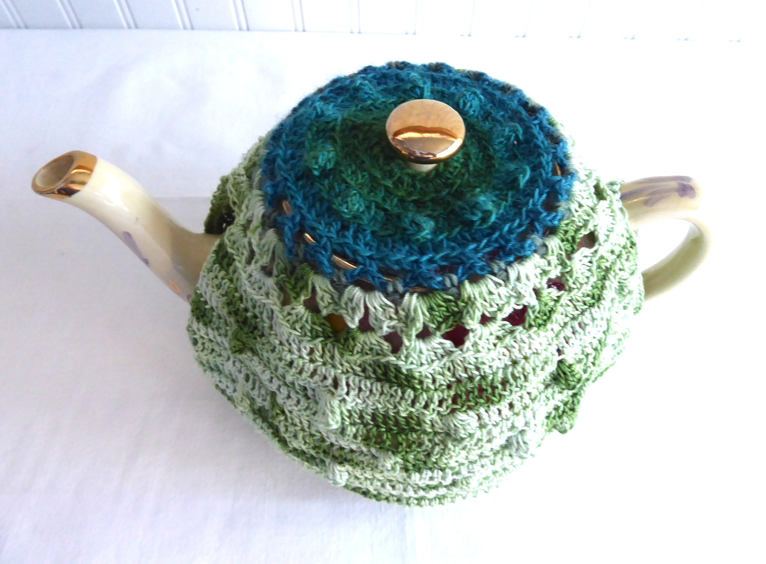 Handmade Crocheted Tea Cozy - Teal & Green Heather Artisan Knit - Medium Stretchy Fit - Perfect for Teapots & Coffee Pots - US Crafted Cozy for Tea Time & Kitchen Decor