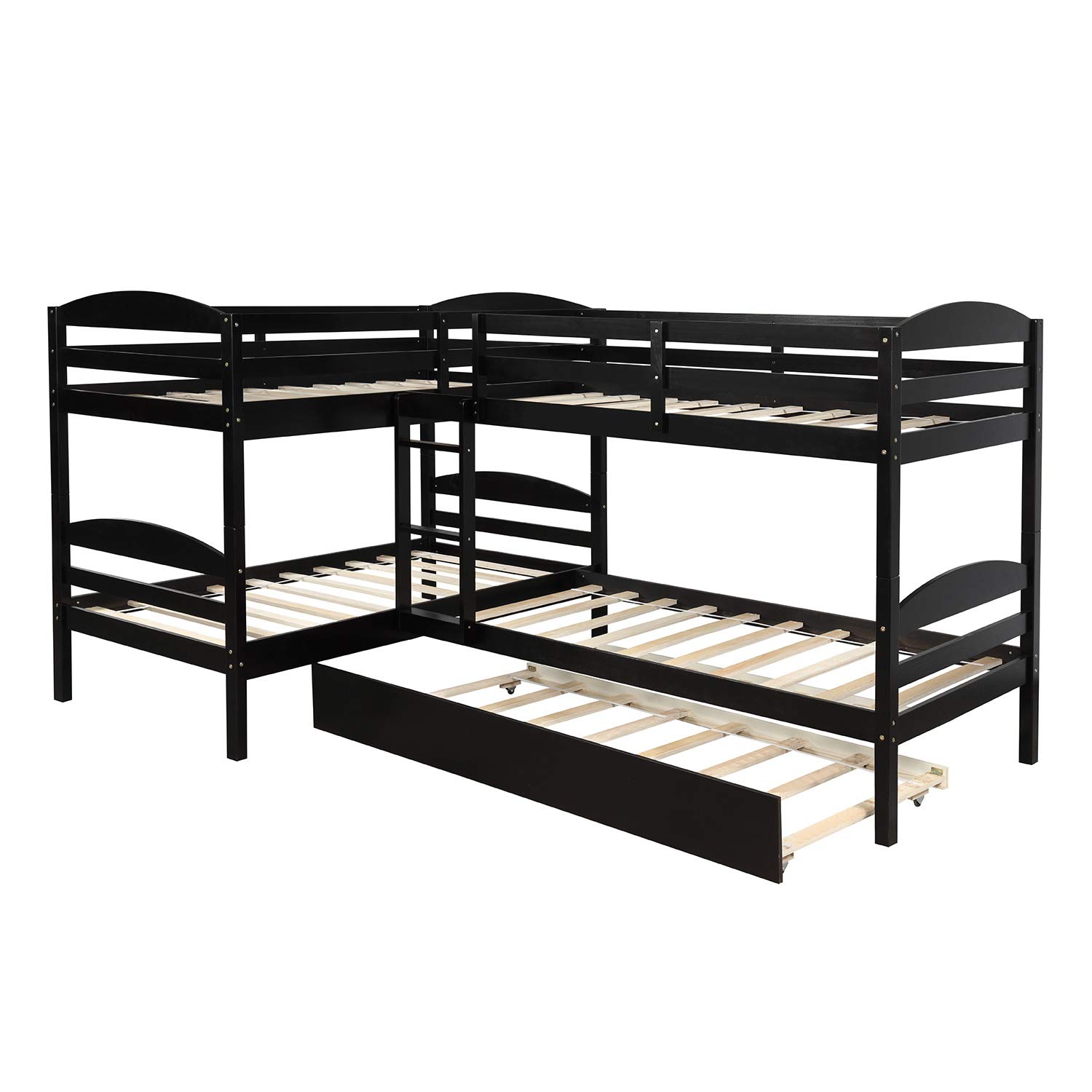 KLMM Solid Wood L-Shaped Bunk Bed with Trundle - Twin Size Bunk Bed Frame with Guardrail & Ladders for Kids & Adults (Espresso) - Space-Saving 5-Person Sleeper for Small Rooms, Guest Rooms & Vacation Homes