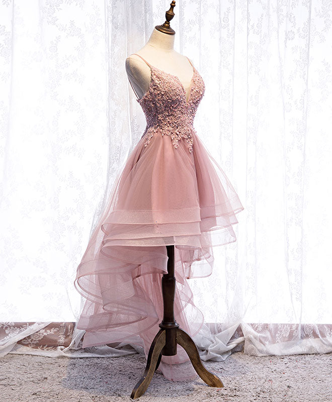 Elegant Pink Tulle Lace High-Low Prom Dress for Homecoming - Perfect for Formal Dances, Graduation Parties & Special Occasions