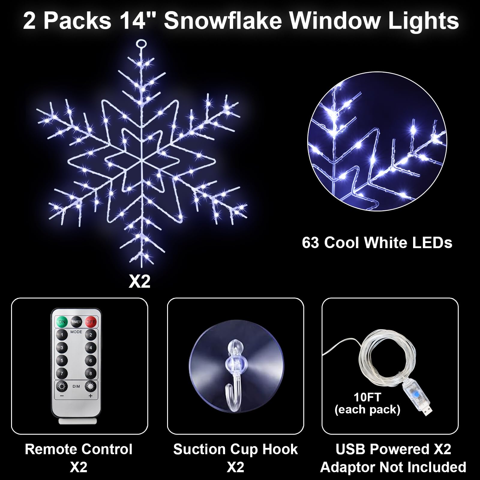 144 LED Cool White Snowflake Window Lights - 12 Inch Christmas Decor with 8 Lighting Modes & Remote Timer | USB Powered Holiday Lights for Home, Xmas Party, Winter Wedding & Indoor/Outdoor Decorations