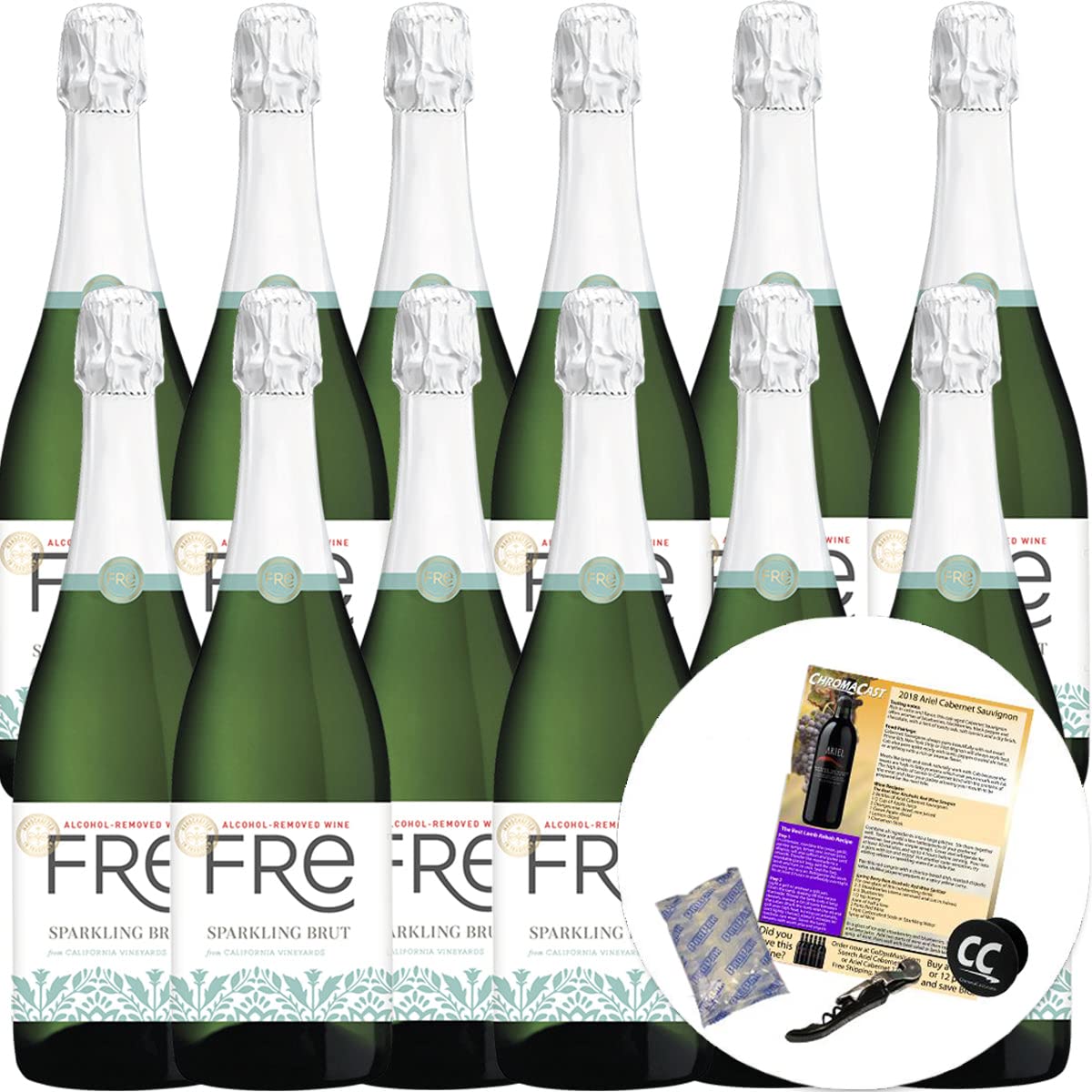 Sutter Home Fre Sparkling Brut Non-Alcoholic Champagne Bundle - 12 Pack (750ML Bottles) with Ice Packs, Corkscrew, Phone Grip & Wine Pairing Recipes | Perfect for Weddings, Baby Showers & Alcohol-Free Celebrations