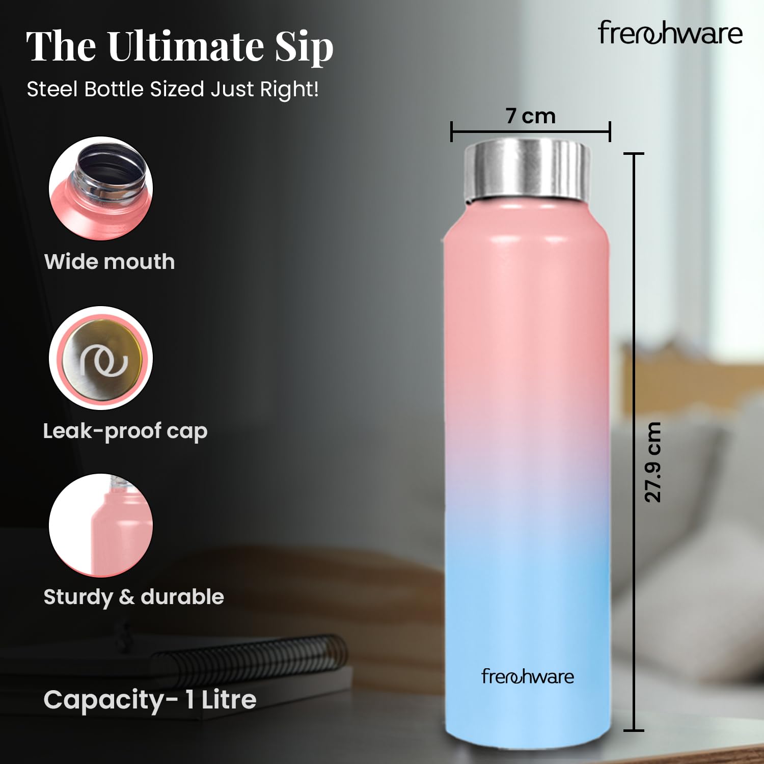 Premium Stainless Steel Water Bottle 1L (34oz) - Frenchware Vacuum Insulated, BPA-Free, Leak Proof - Sky Blue & Blush - Ideal for Gym, Hiking, Office & School - Keeps Drinks Cold 24Hrs/Hot 12Hrs - Durable & Easy to Clean