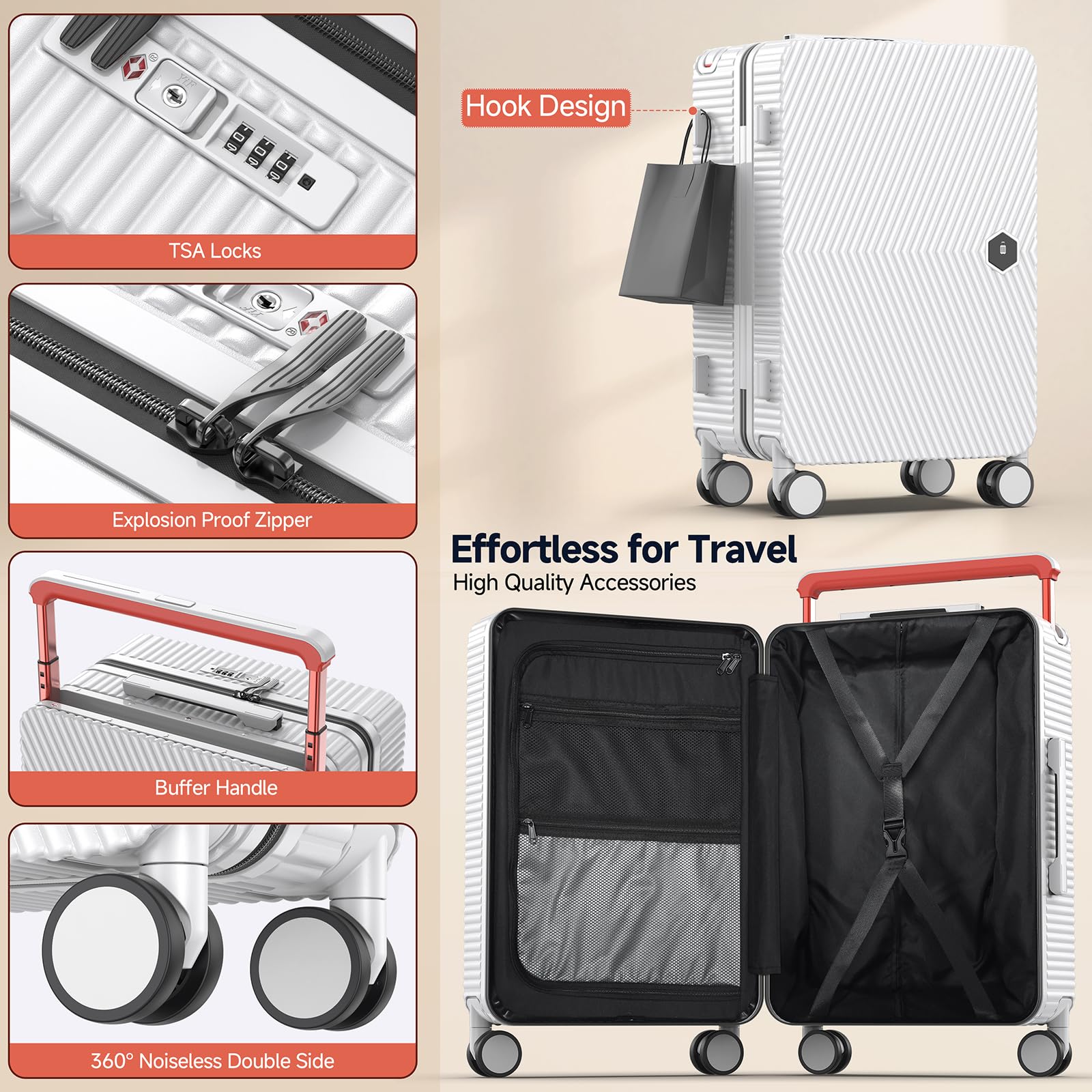 Lightweight Carry-on Luggage with PC Hard Shell, 360° Spinner Wheels & TSA Lock - White Travel Suitcase for Business Trips & Weekend Getaways