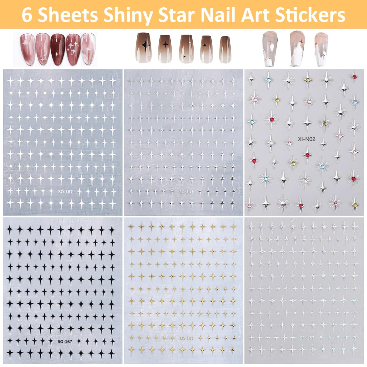 MAYCREATE® 6 Sheets 3D Galaxy Star Nail Stickers - Y2K Nail Art Decals, Self-Adhesive DIY Nail Tips for Nail Extension & Decoration | Perfect for Parties, Cosplay, and Festival Nail Designs