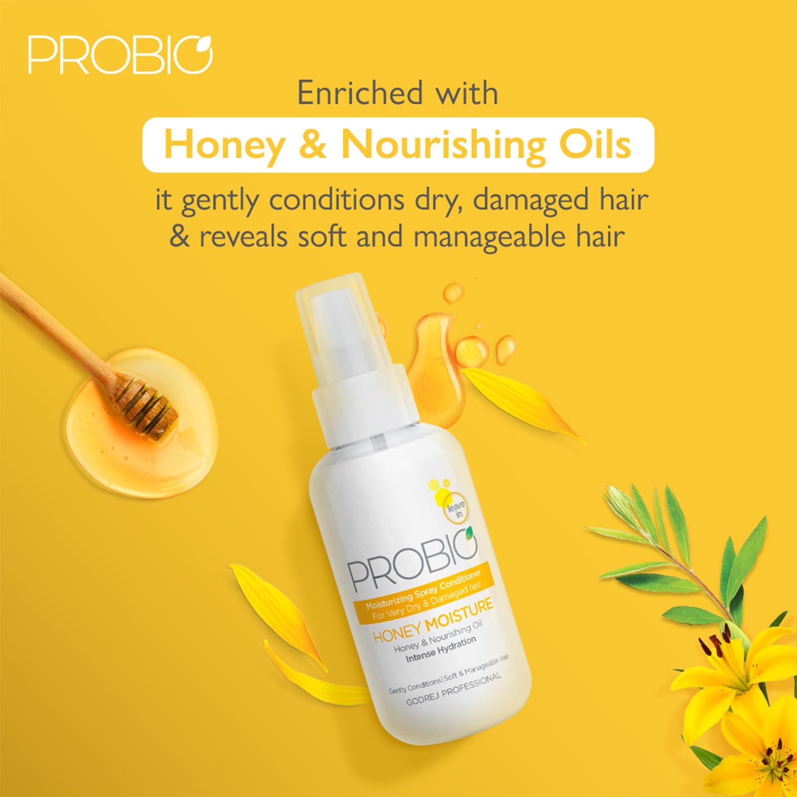 Godrej Professional Probio Honey Moisture Spray Conditioner 100ml - Hydrating Treatment for Dry & Damaged Hair with Honey & Nourishing Oils | Perfect for Daily Hair Care & Salon-Quality Results at Home