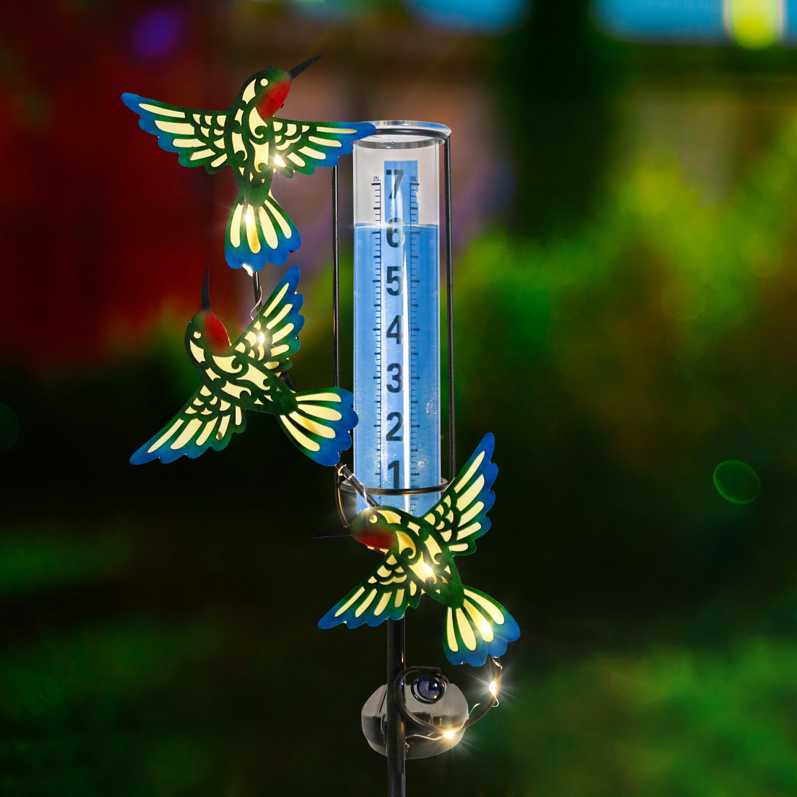 WONDER GARDEN Freeze Proof Solar Rain Gauge Outdoor with LED Hummingbird Lights - Accurate Weather Measurement for Yard, Garden & Lawn Decor | Perfect for Outdoor Enthusiasts & Home Gardeners