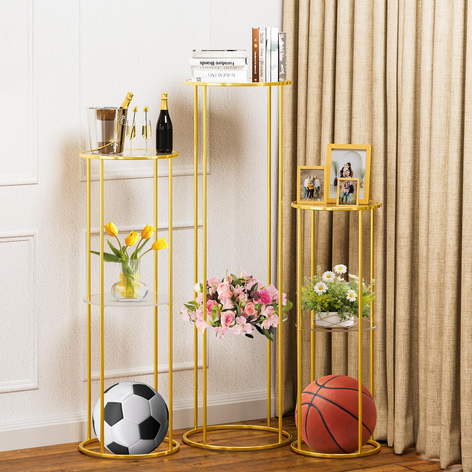 3-Piece Gold Metal Cylinder Stands for Party Display - Double Panel Round Pedestal Table, Plant Stand for Planter Flower - Perfect for Living Room Centerpieces, Wedding Decor & Event Displays
