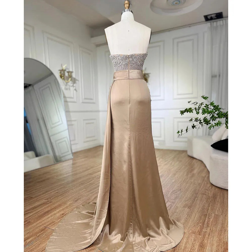 Elegant Strapless Crystal Beaded Mermaid Evening Gown with High Split & Skirt for Women - Perfect for Prom, Wedding, and Formal Parties 2025