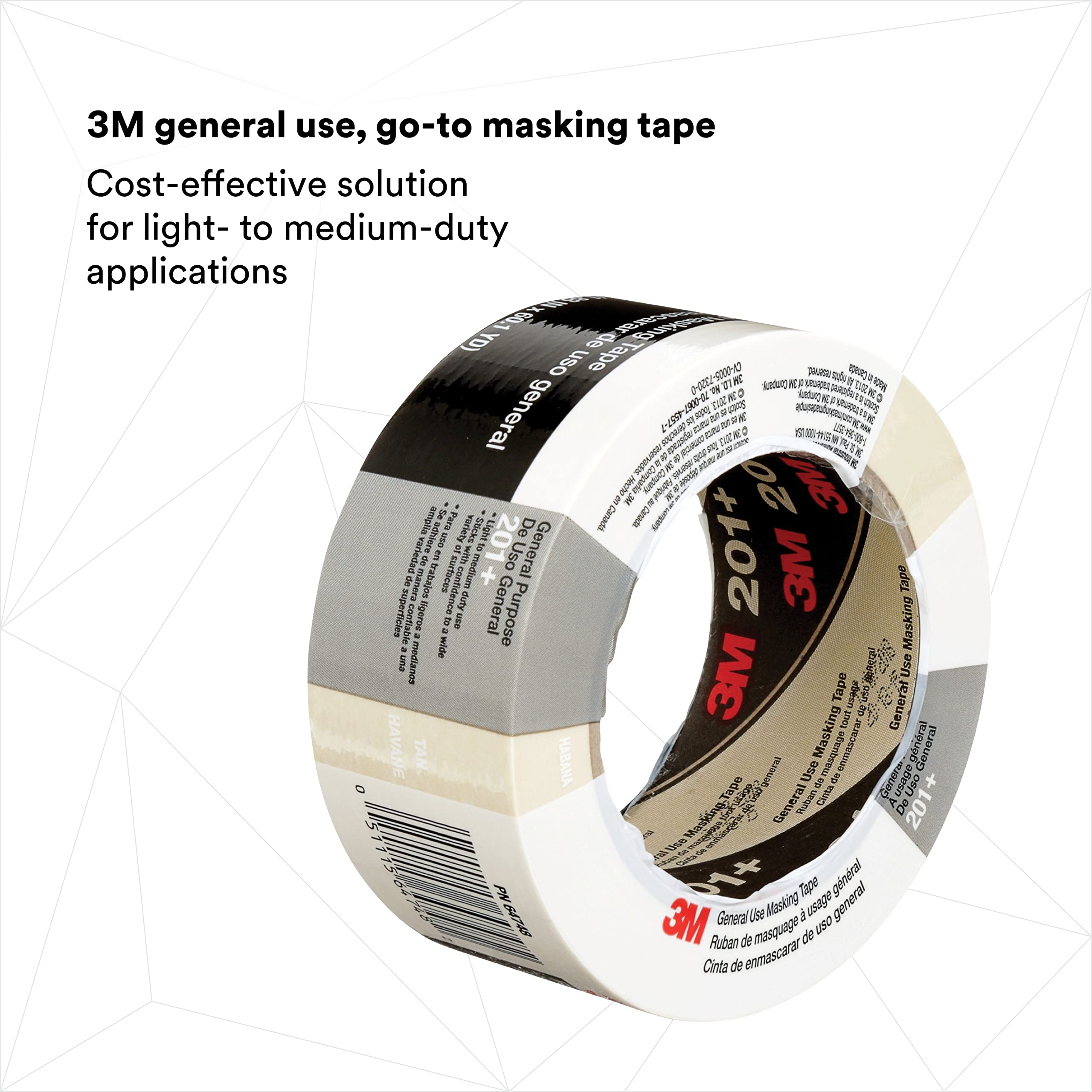 3M General Use Masking Tape 201+ - 48mm x 55m, Low Unwind, Clean Removal, Easy Tear, Resists Slivering - Tan Crepe Paper Tape (24 Rolls/Case, Individually Wrapped) - Perfect for Painting, Crafting, Home Improvement & DIY Projects