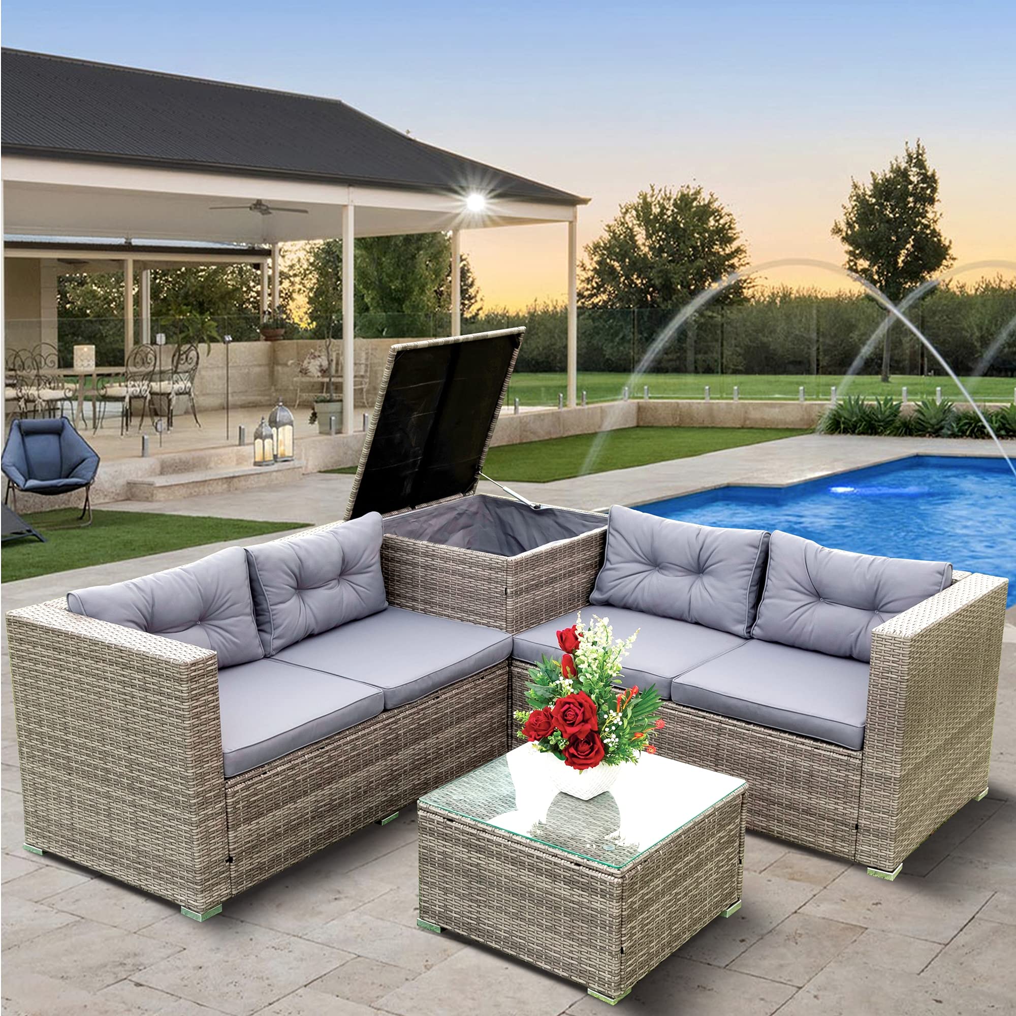 4-Piece All-Weather Outdoor Patio Furniture Set - Rattan Sectional Sofa with Storage Box, Cushions & Coffee Table - Perfect for Backyard, Garden, Poolside & Patio Relaxation