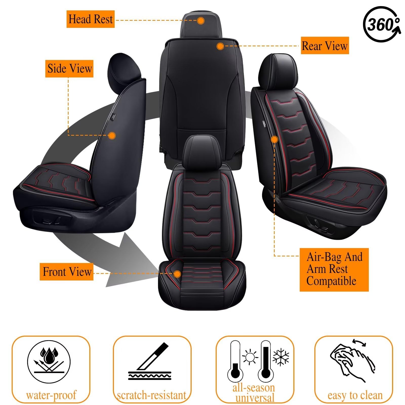 Premium Waterproof Faux Leather Car Seat Covers for Subaru Forester 2007-2025 - Full Set 5-Seat Protection with Red Stitching | Airbag Compatible | Durable Automotive Interior Accessories for Road Trips, Commuting & Family Travel