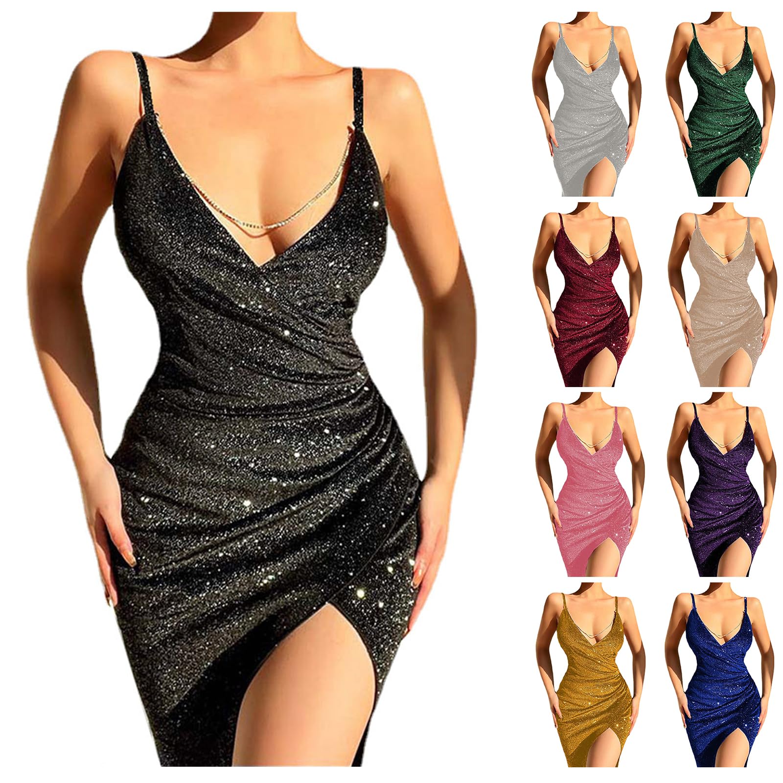 Sparkly Sequin Cocktail Dresses for Women - Sexy Deep V-Neck Evening Gowns with High Thigh Slit for New Year's Eve, Prom, Party & Special Occasions