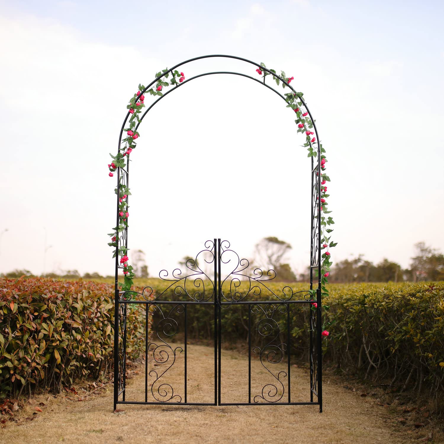 7.5 ft Tall x 4.2 ft Wide Steel Garden Arch with Gate - Rust-Resistant Outdoor Arbor for Climbing Roses, Ivy & Vines - Perfect for Backyard, Lawn & Wedding Decorations