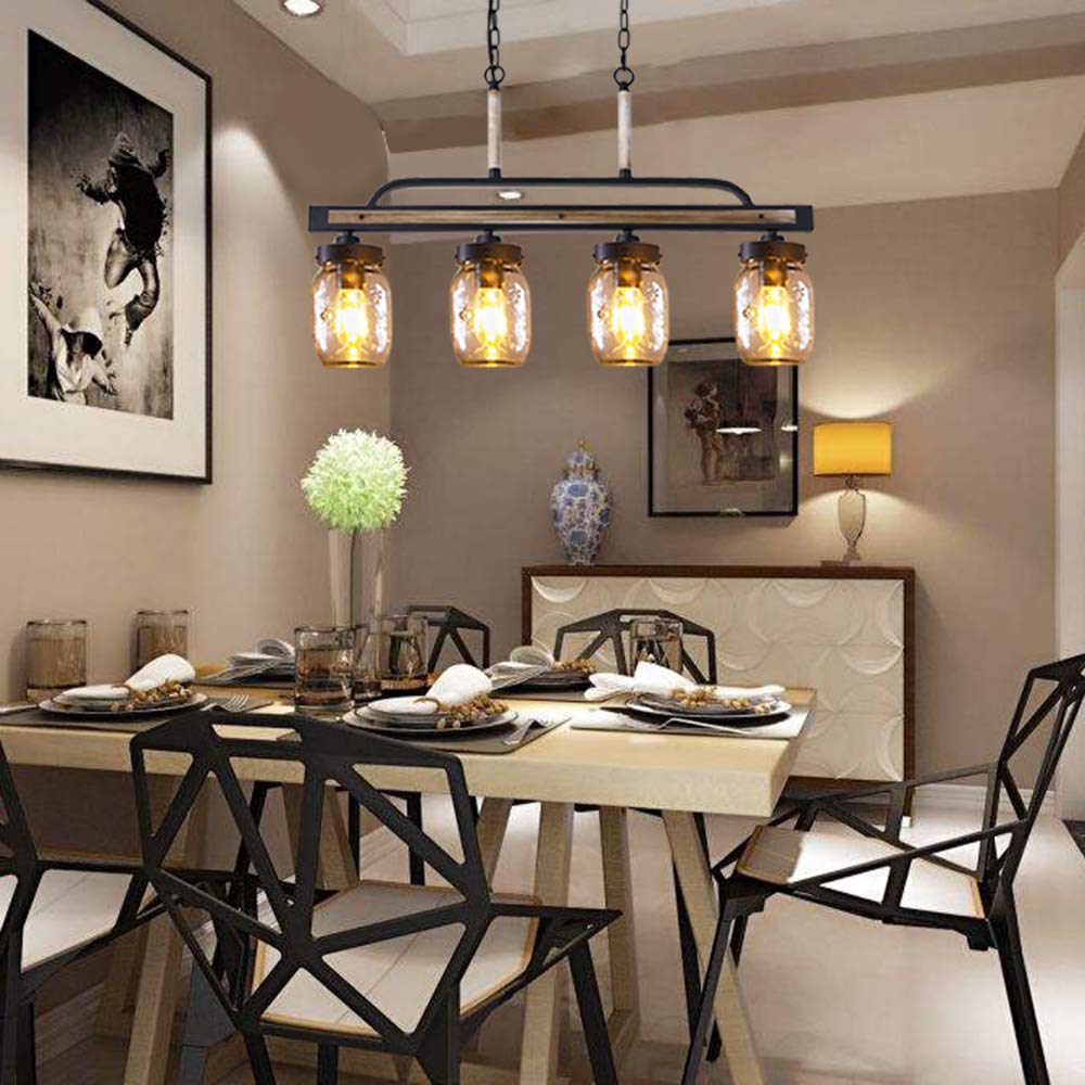 Wellmet Farmhouse Dining Room Chandelier - Black Mason Jar Pendant Light with Faux Wood & Glass Shade | Rustic Linear Cluster Hanging Fixture for Kitchen Island, Dining Table, Restaurant, Cafe & Country Home Decor