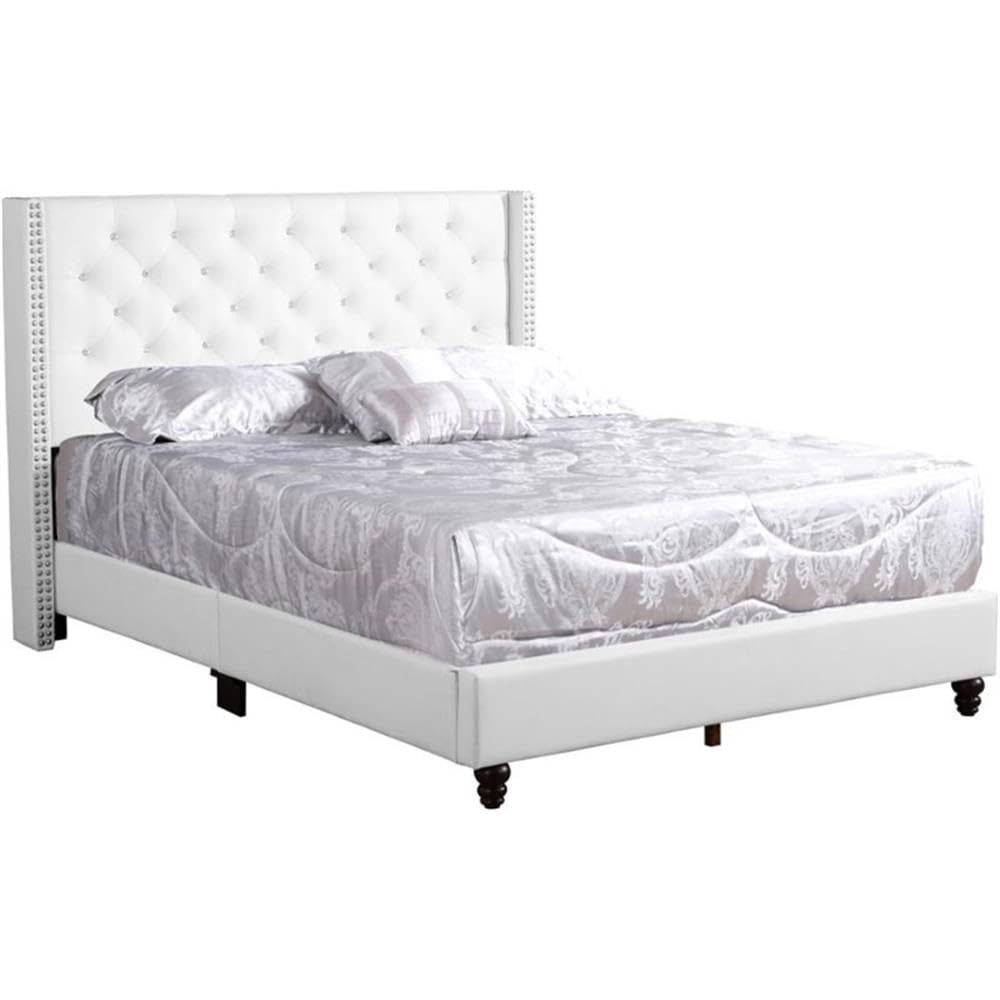 Glory Furniture Julie White Faux Leather Upholstered Queen Size Bed Frame - Perfect for Modern Bedroom & Guest Room Decor