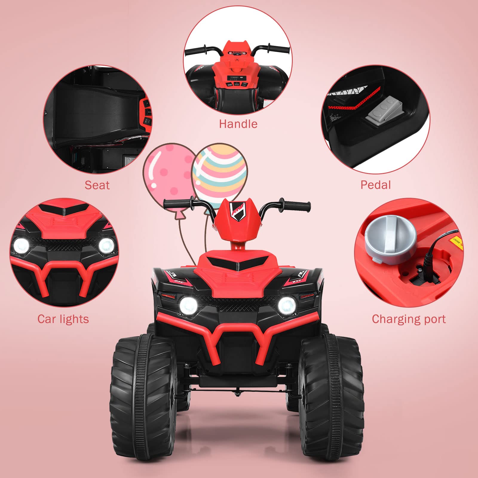 OLAKIDS 12V Kids Ride On ATV Electric Quad - 4 Wheeler Battery Powered Motorized Toy Car for Boys & Girls with LED Lights, Music & Horn - High/Low Speed & Soft Start (Red) - Perfect for Outdoor Play, Backyard Fun & Birthday Gifts