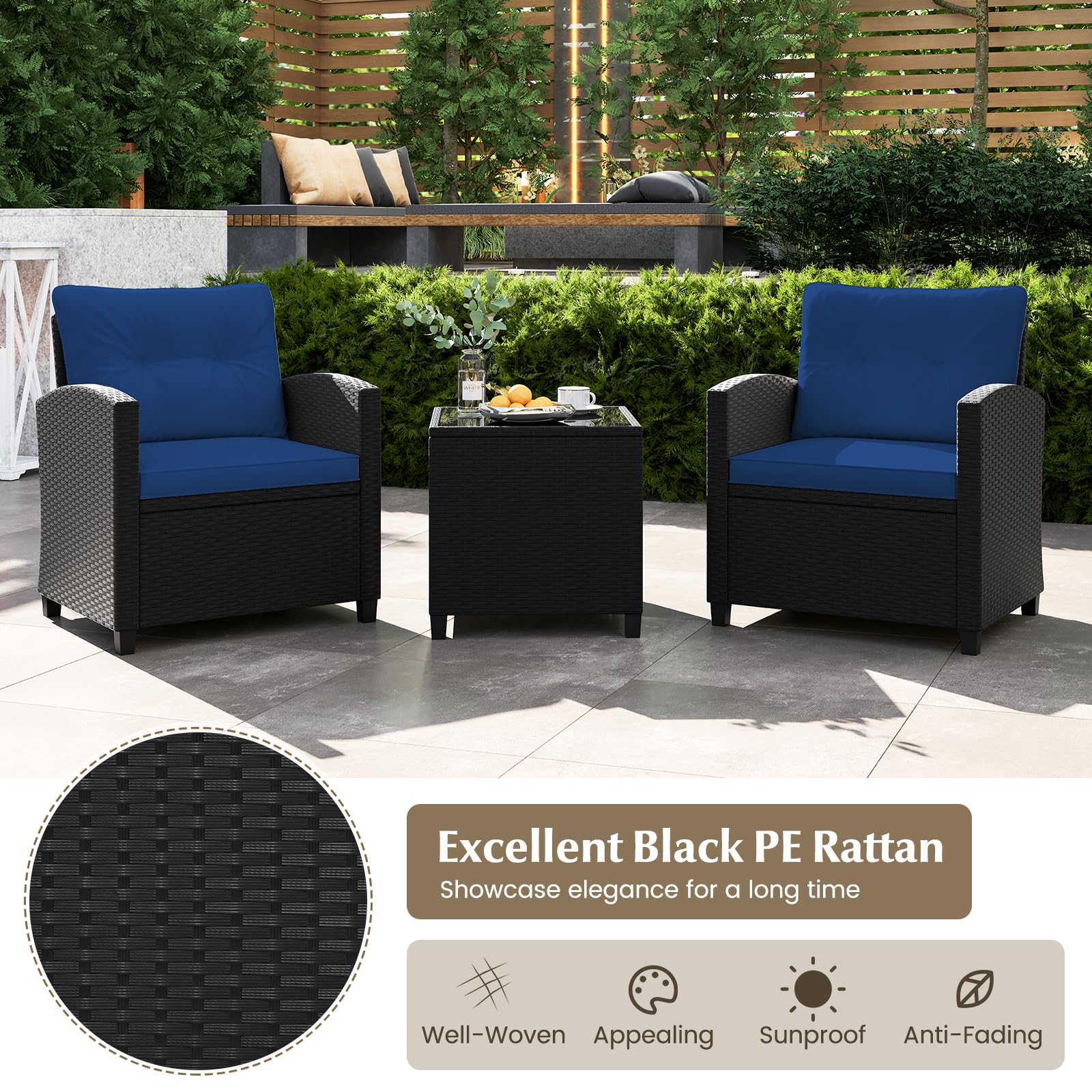 Tangkula 3-Piece Patio Furniture Set - Rattan Outdoor Conversation Set with Soft Cushions & Tempered Glass Coffee Table - Wicker Seating for Backyard, Porch, Poolside - Perfect for Relaxing, Entertaining & Outdoor Gatherings