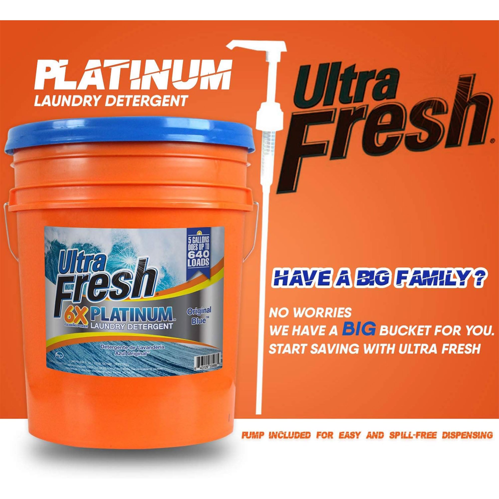 **6X Concentrated Platinum 5 Gallon Laundry Detergent Liquid - Works in All Washing Machines (HE, Top Load, Front Load) with Easy Dispensing Pump - 640 Loads per Jug - Original Blue Scent (5 Pack) - Ideal for Large Families, Laundromats & Commercial Use**