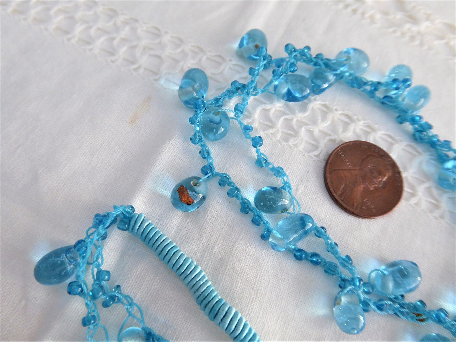 Handmade Turquoise Blue Art Glass Necklace - Unique Crocheted Teardrop Pendant - Glacier Ice Blue Jewelry for Women - Perfect for Boho Chic, Beach Wedding & Gift Giving