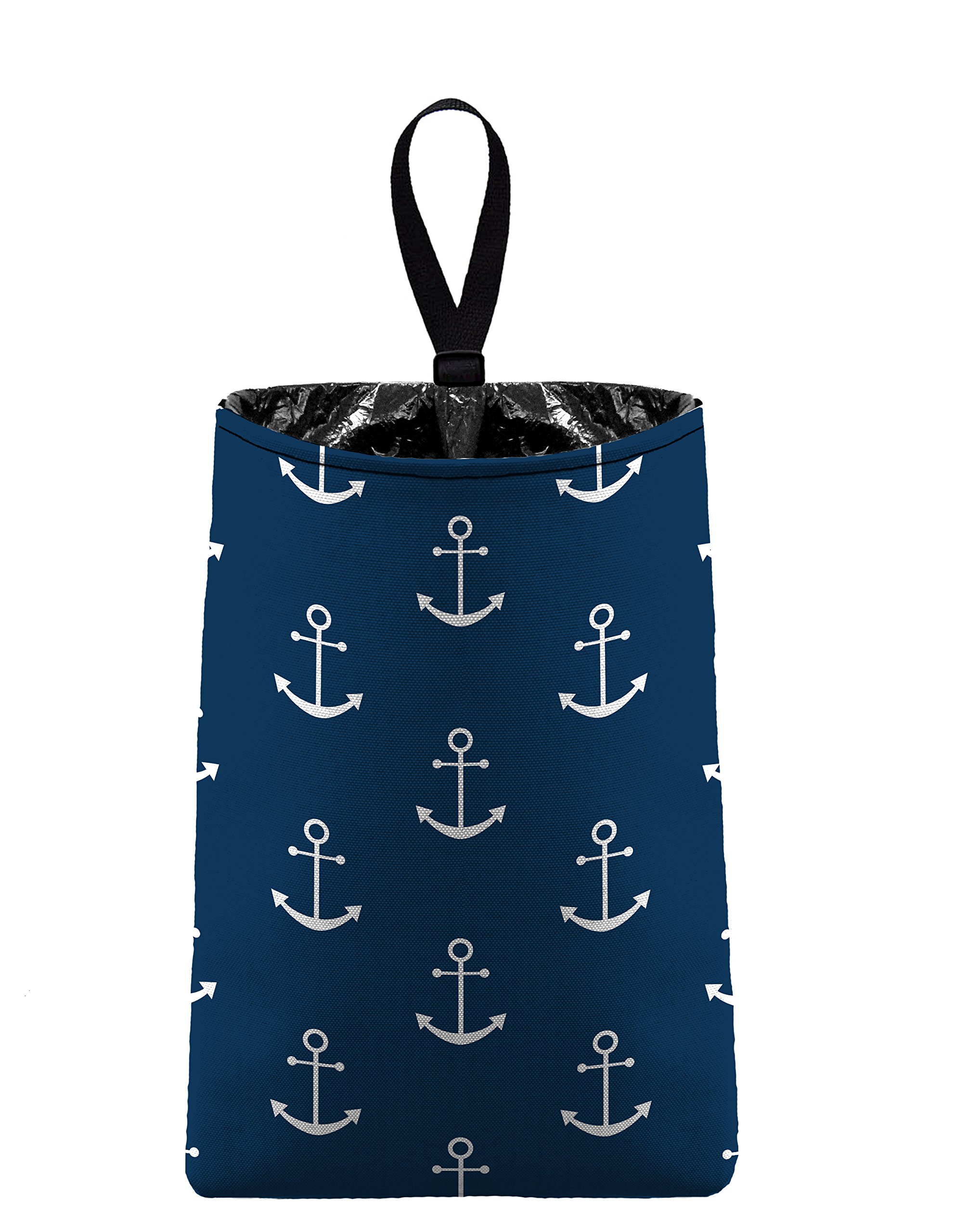 Auto Trash Can - Navy Anchors Design Car Garbage Bag by The Mod Mobile | Waterproof Vehicle Trash Container for Sedan, SUV, Truck | Perfect for Road Trips, Commuting & Travel Organization