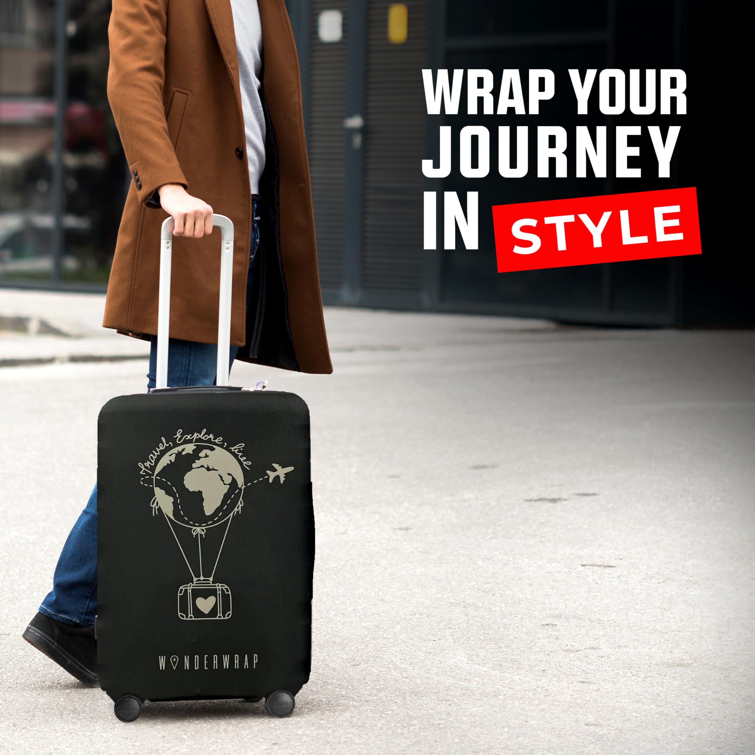 Reversible Luggage Cover Protector - Washable Anti-Scratch Suitcase Protector for Travel (Black Hot Air Balloon, Large 65-71 x 43-48 x 26-30cm) | Perfect for Airplane, Train & Vacation Trips