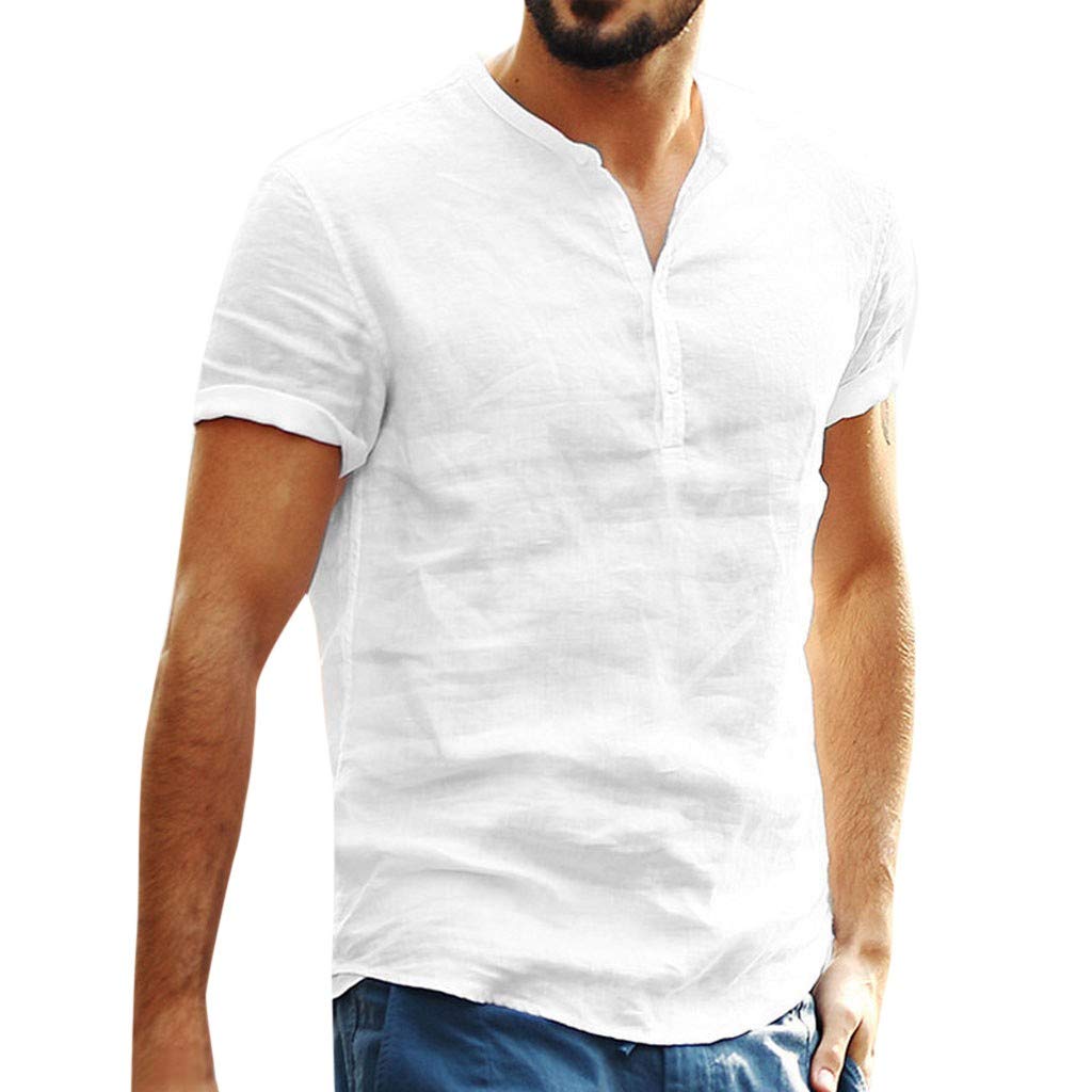 Men's Baggy Cotton Linen Short Sleeve Retro T-Shirt - SOID Color Snap Button Dress Shirt for Casual Wear & Summer Outfits