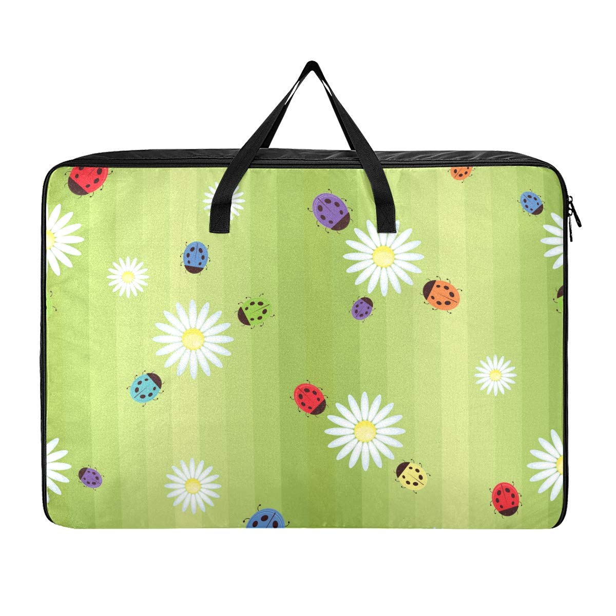 MCHIVER Quilt Storage Bag with Clear Window & Carry Handles - Under Bed Storage Organizer for Blankets, Clothes, Seasonal Items - Ladybug & Daisy Pattern - Perfect for Home Organization & Space Saving