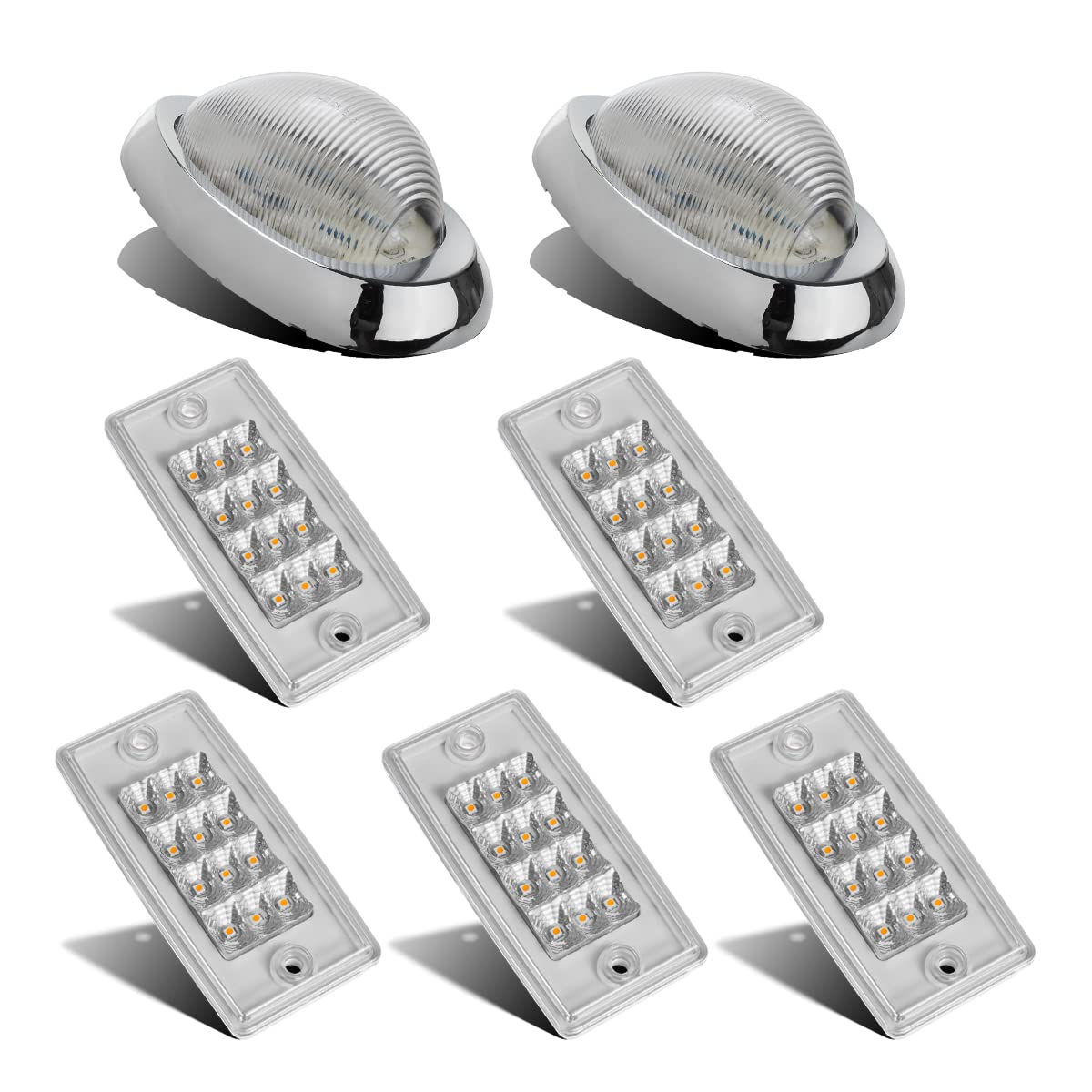 Freightliner Columbia LED Lights Kit - 5x Rectangle Amber Cab Roof Clearance Lights + 2x 5-7/8