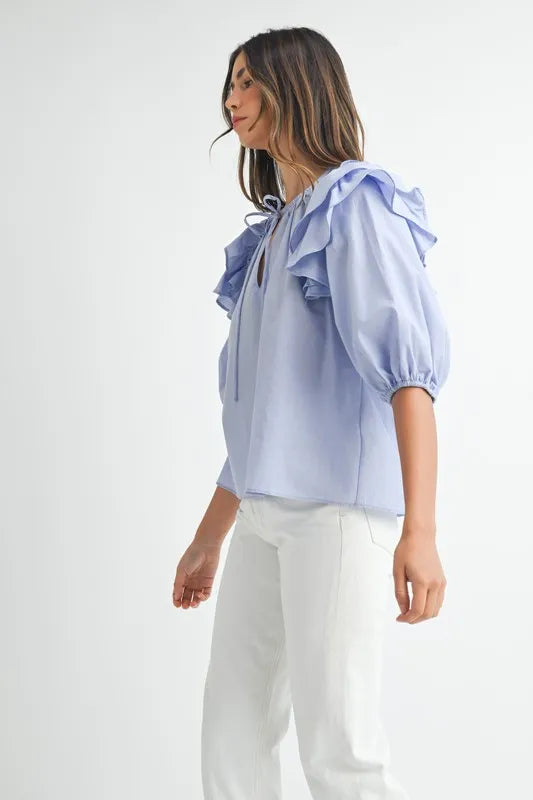 Elegant Ruffle Shoulder Puff Sleeve Resort Blouse for Women - Summer Vacation Beachwear & Boho Chic Outfit