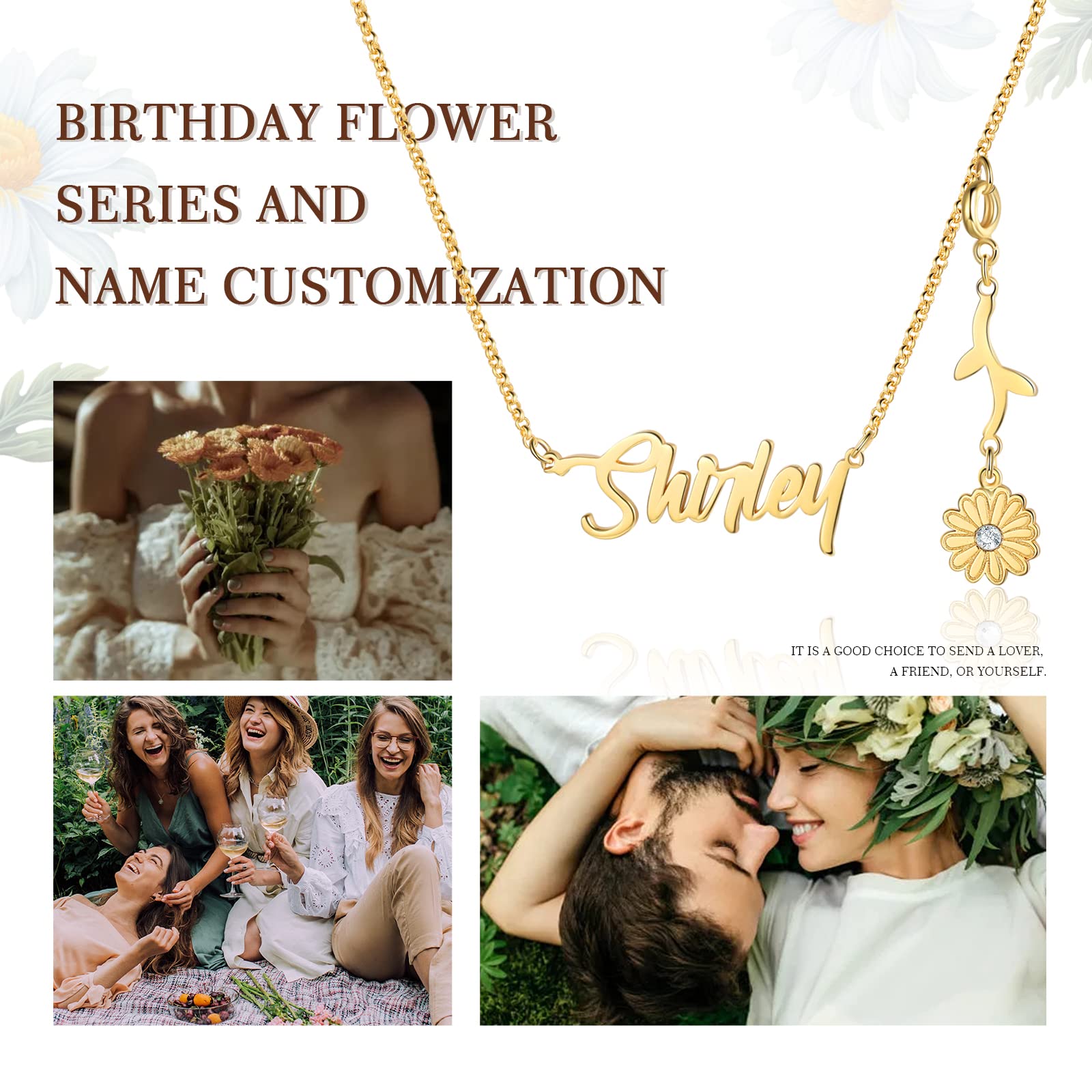 Custom Birth Flower Name Necklace for Women - 925 Sterling Silver & Gold Personalized Jewelry with Dainty Birth Month Flower Charm | Unique Birthday Gift for Her, Anniversary Present, Mother's Day Jewelry