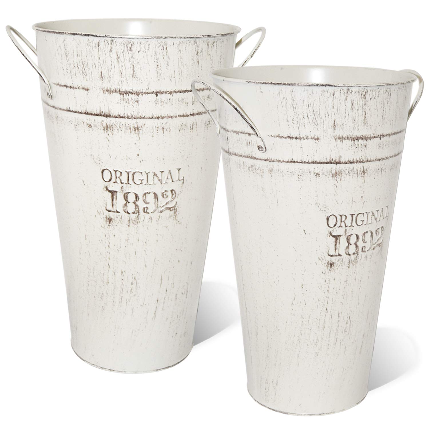 LESEN Galvanized Metal Flower Vase Set of 2 - Rustic Farmhouse French Bucket - Table Centerpiece for Fresh & Dried Flowers - Wedding & Home Decor (Perfect for Farmhouse Weddings, Rustic Tablescapes & Cozy Home Accents)